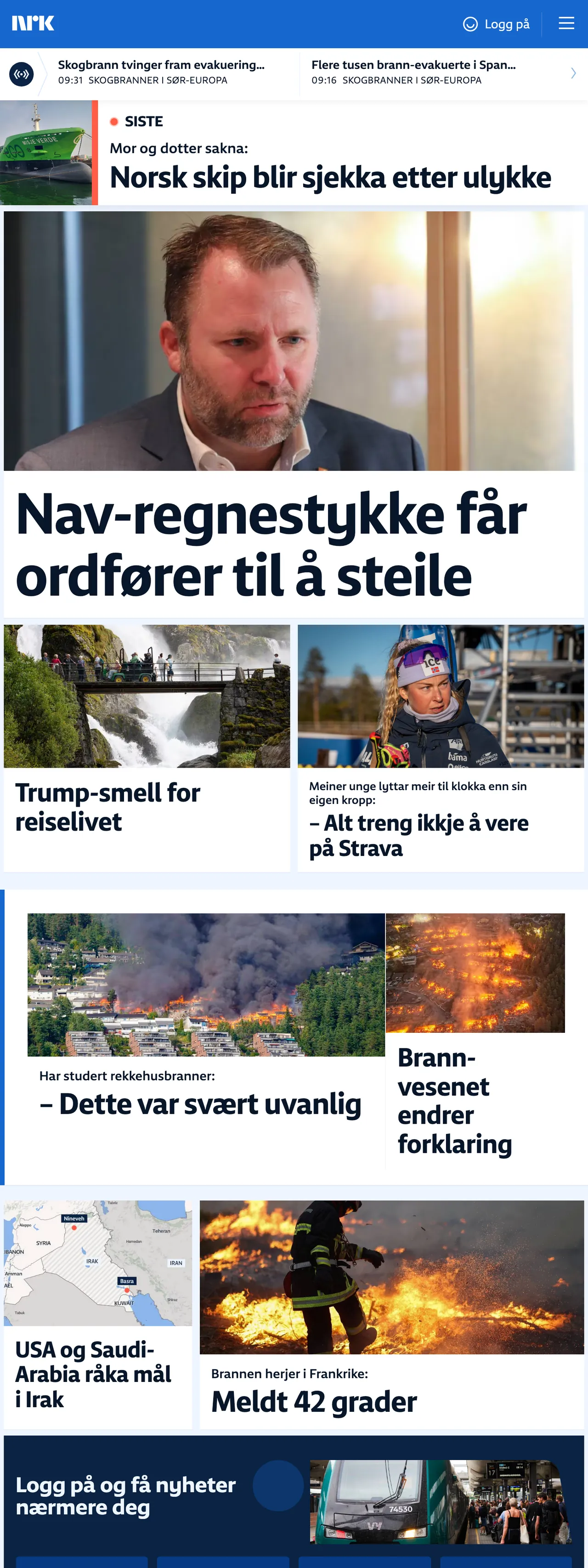 Screenshot of the NRK front page