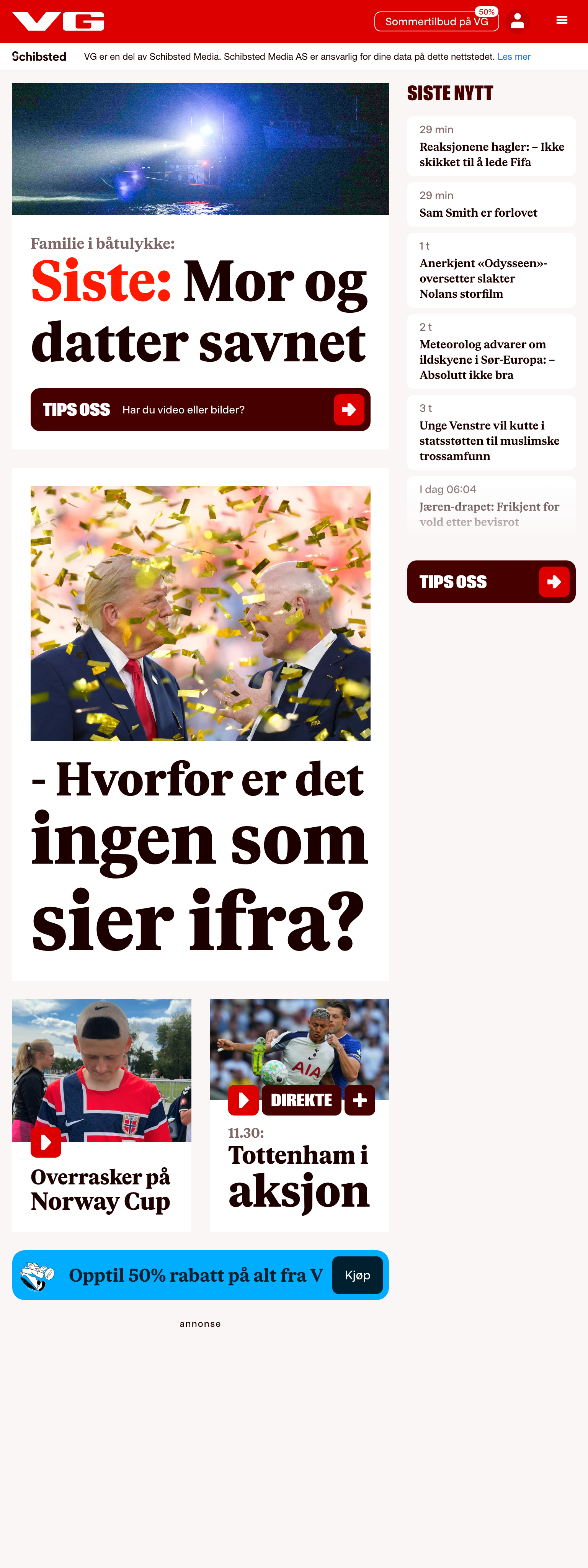 Screenshot of the VG front page