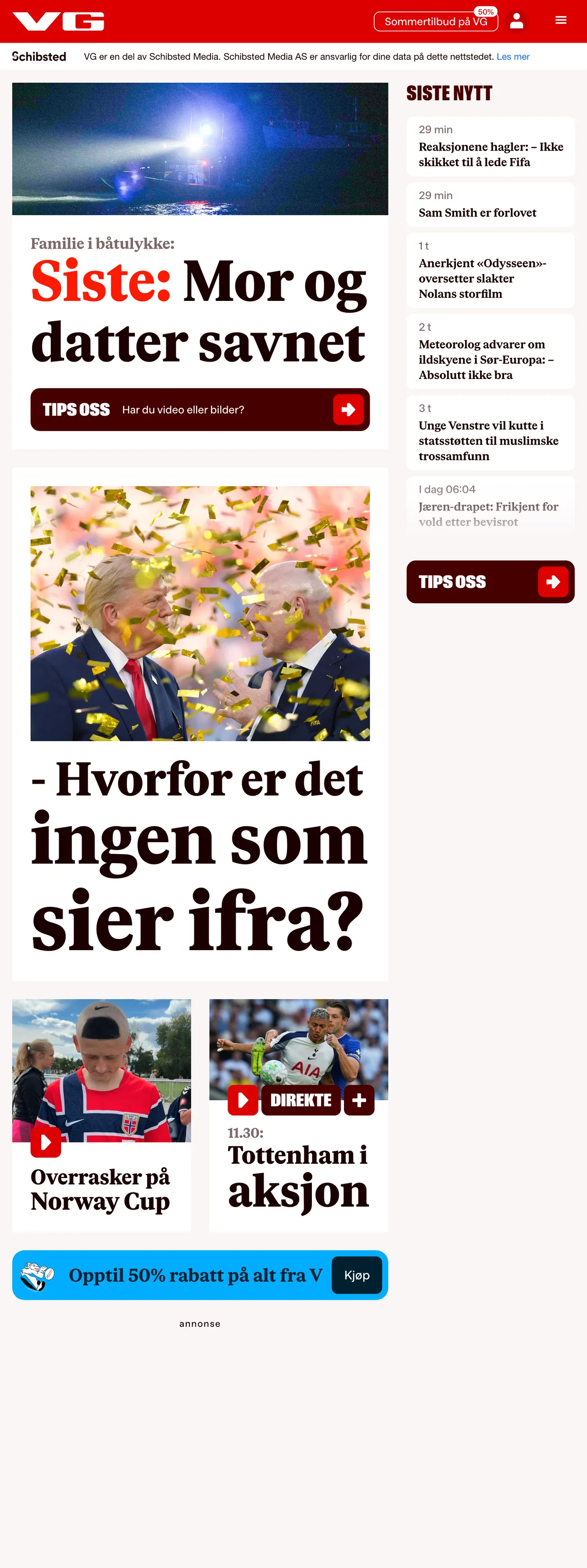 Screenshot of the VG front page
