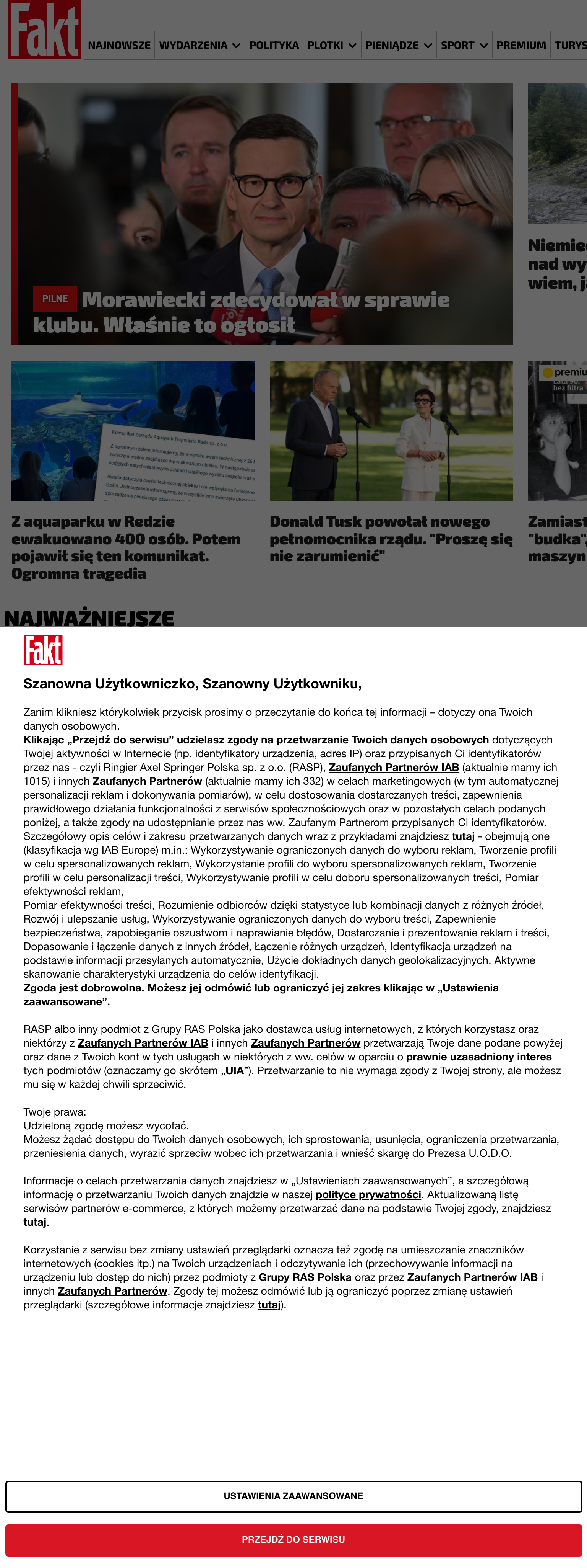 Screenshot of the Fakt front page
