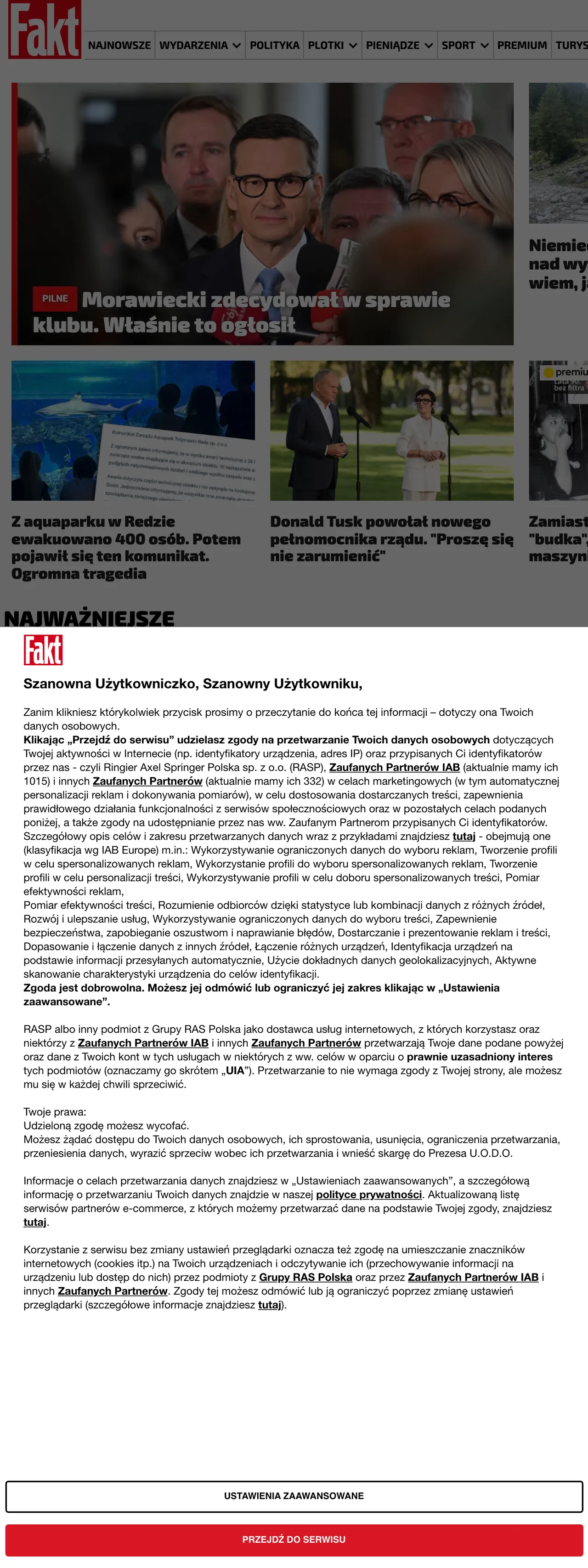 Screenshot of the Fakt front page