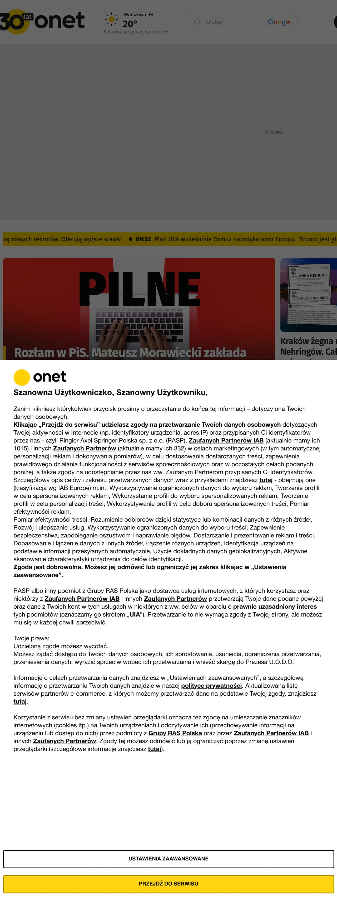 Screenshot of the Onet front page