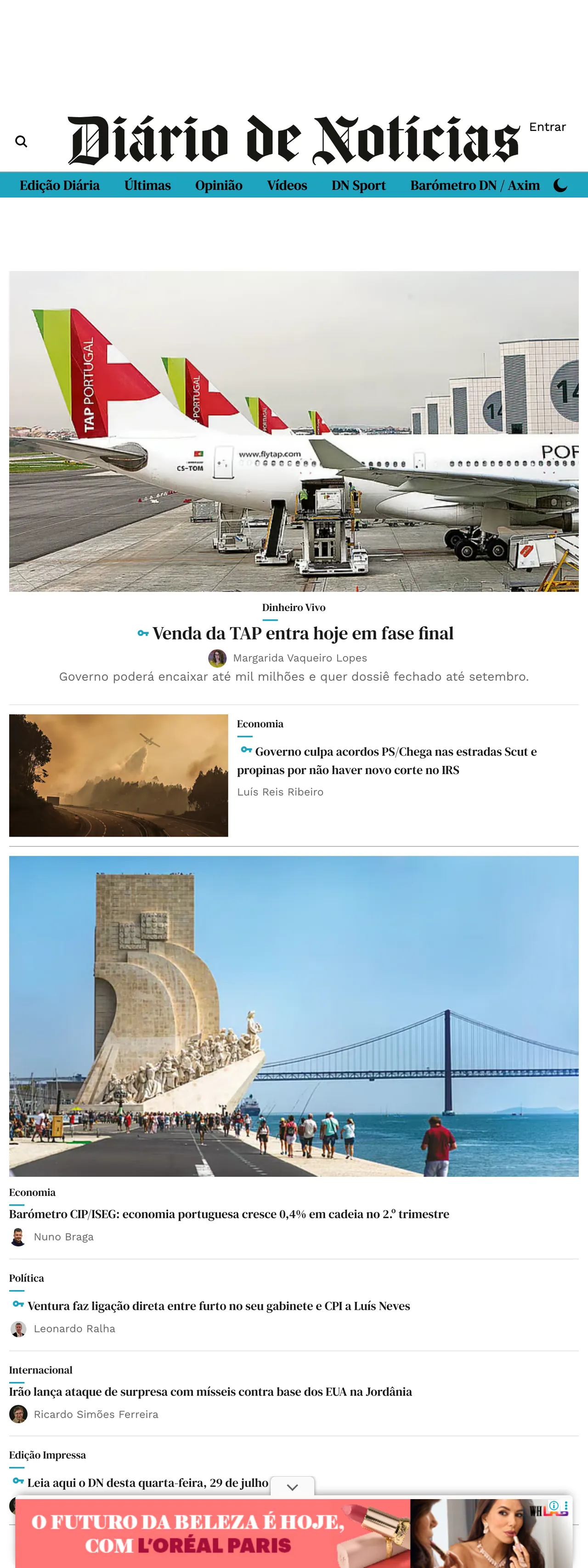 Screenshot of the Diário de Notícias front page