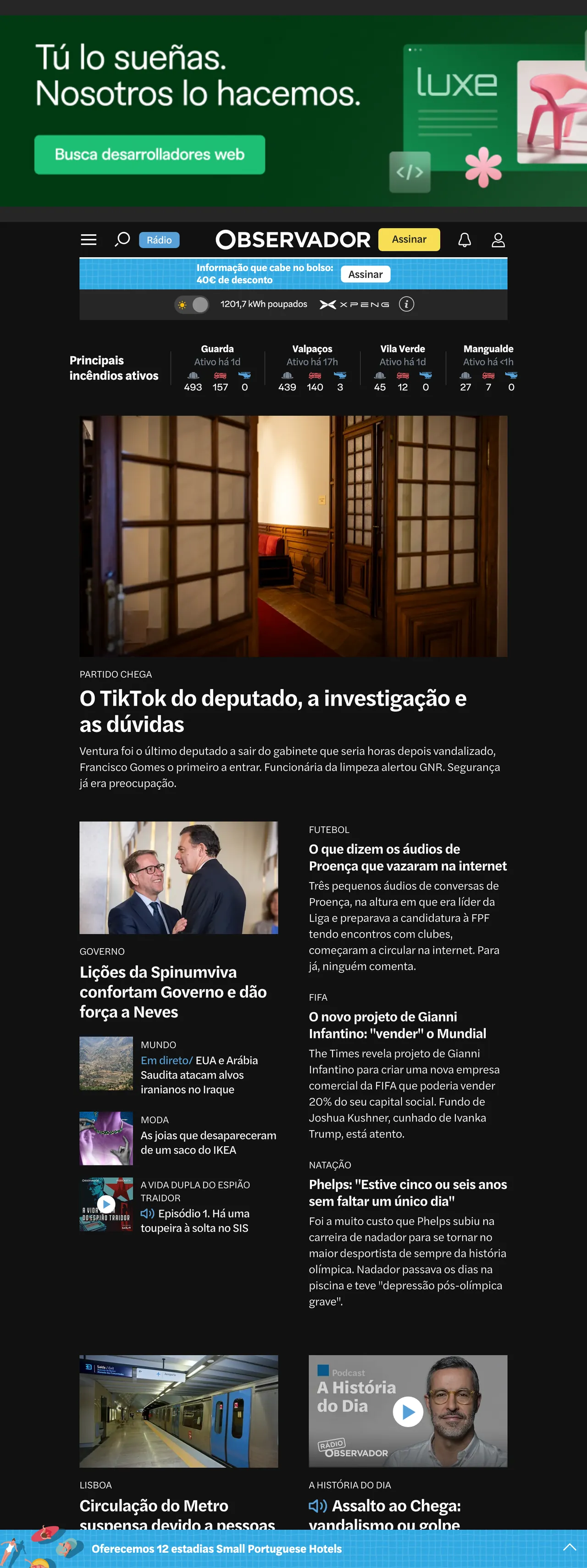 Screenshot of the Observador front page