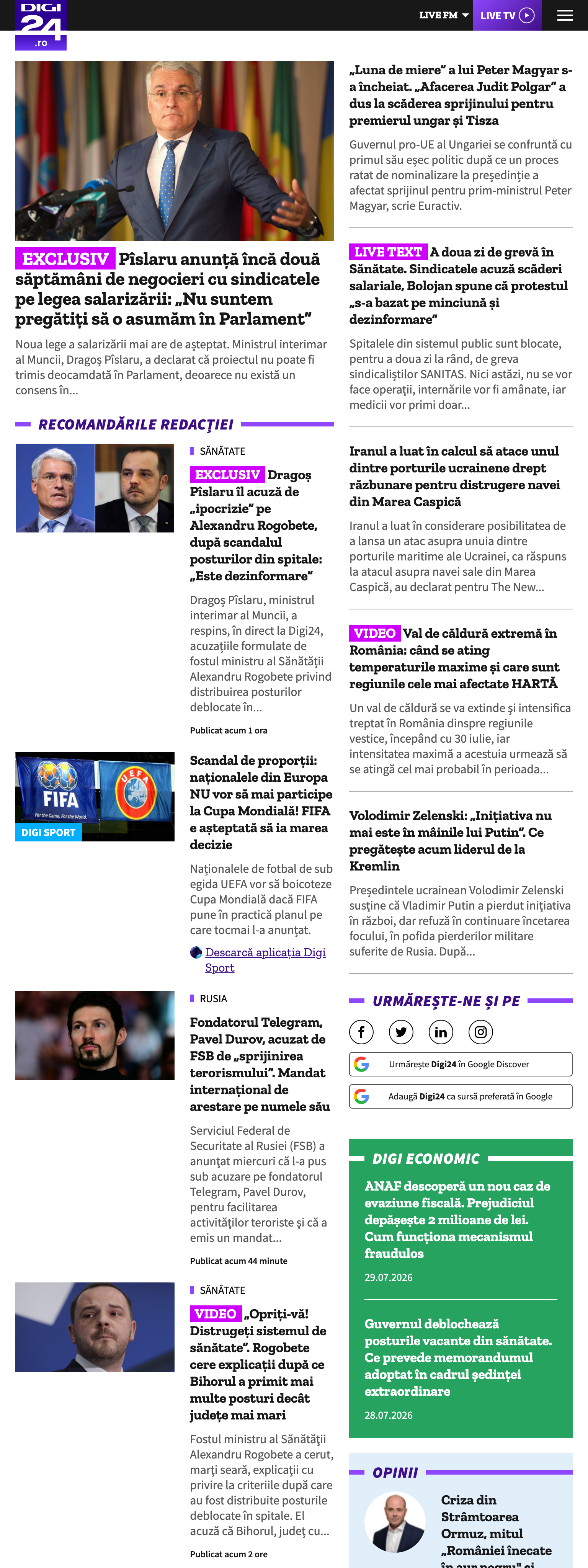 Screenshot of the Digi24 front page