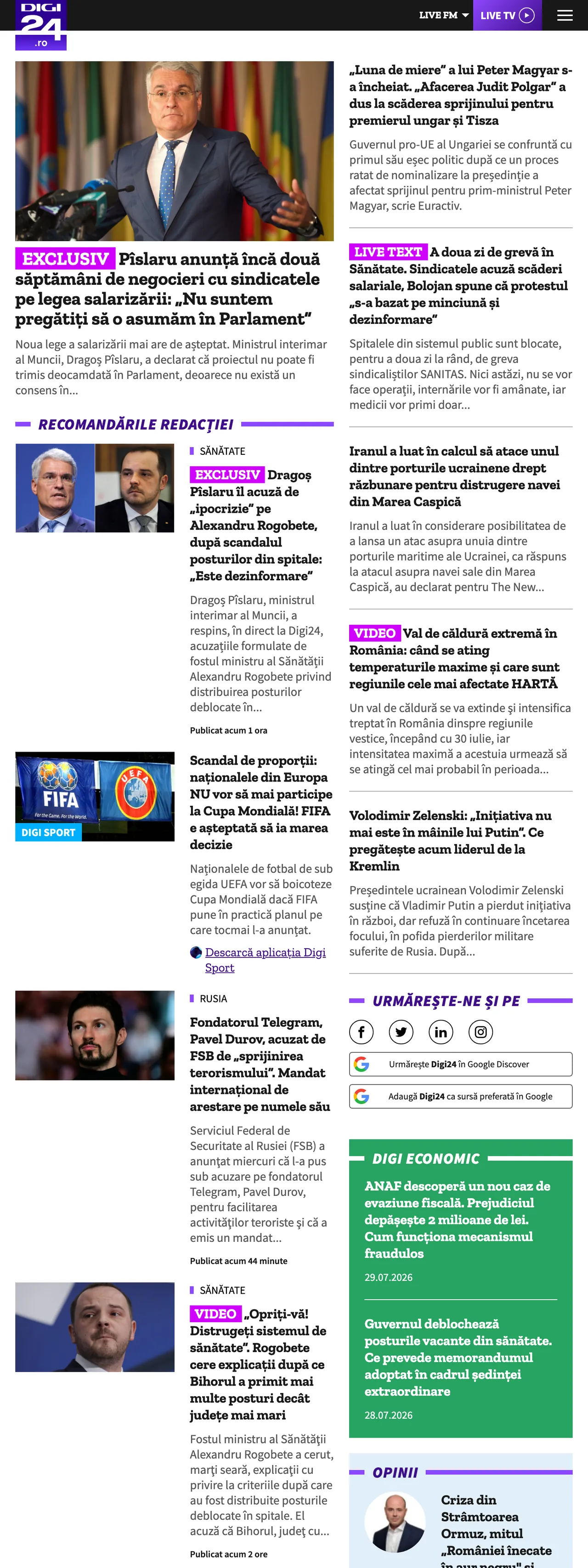 Screenshot of the Digi24 front page