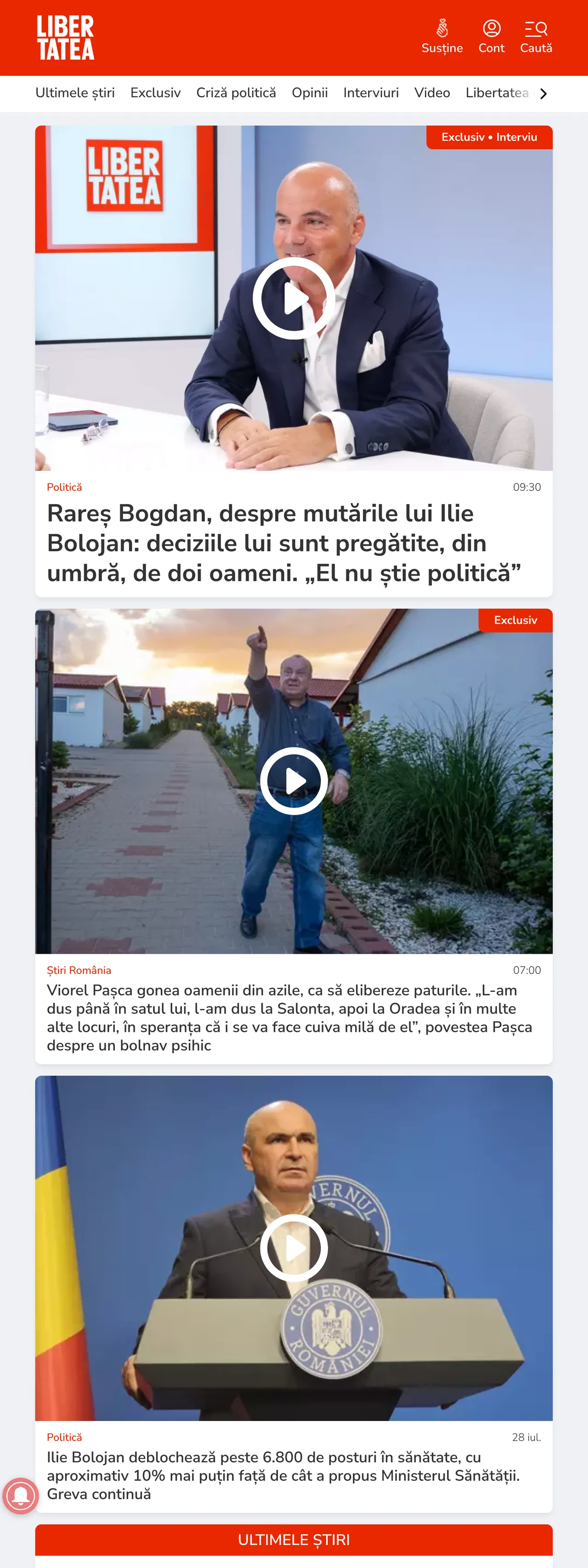 Screenshot of the Libertatea front page