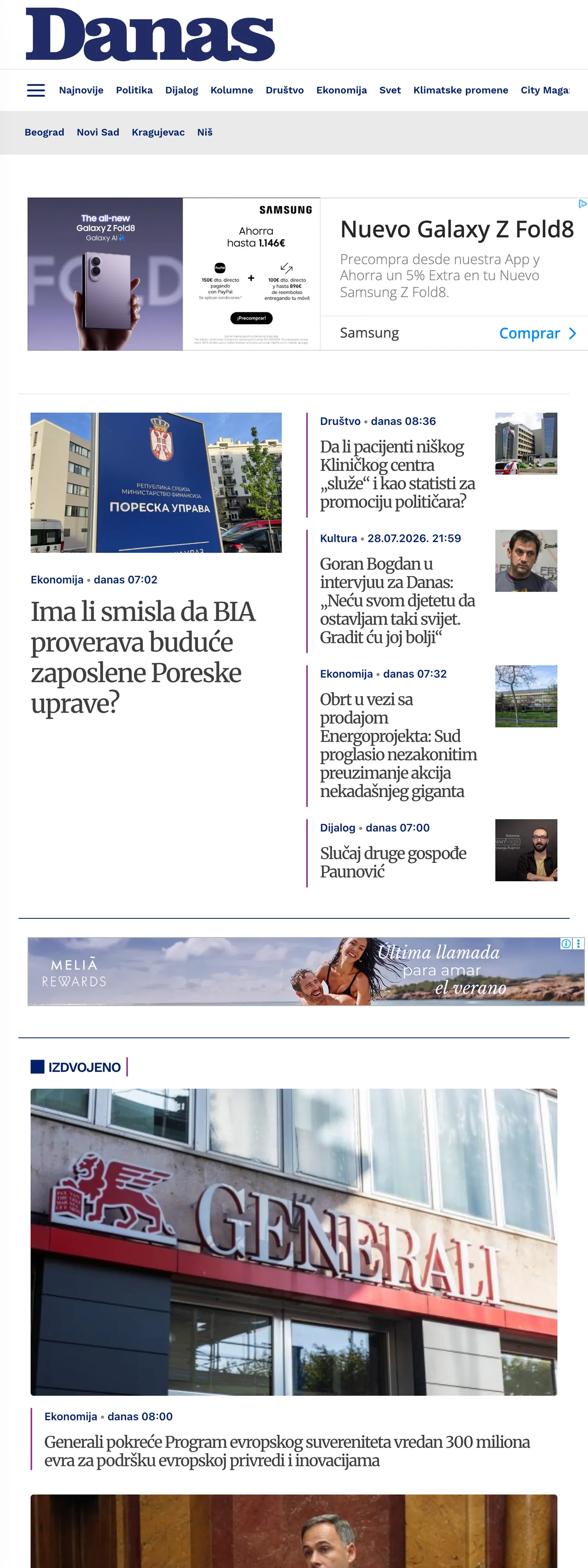Screenshot of the Danas front page