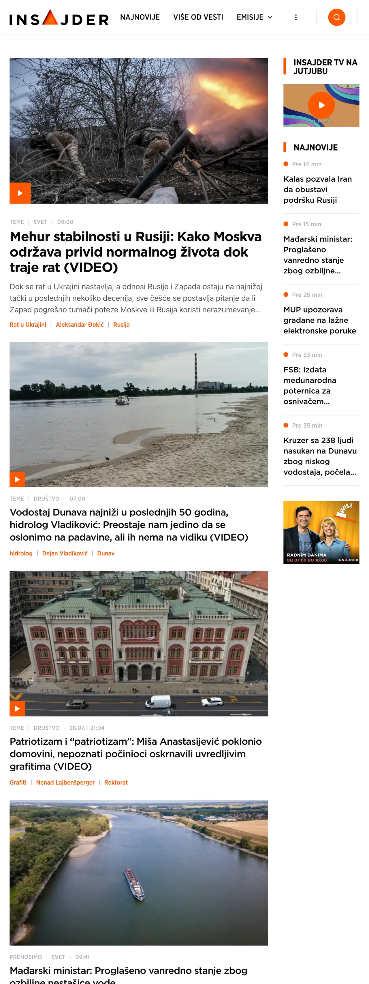 Screenshot of the Insajder front page