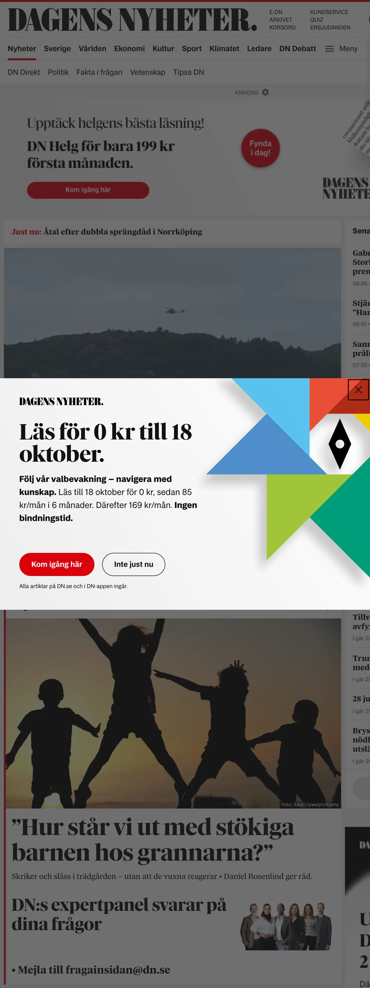 Screenshot of the Dagens Nyheter front page