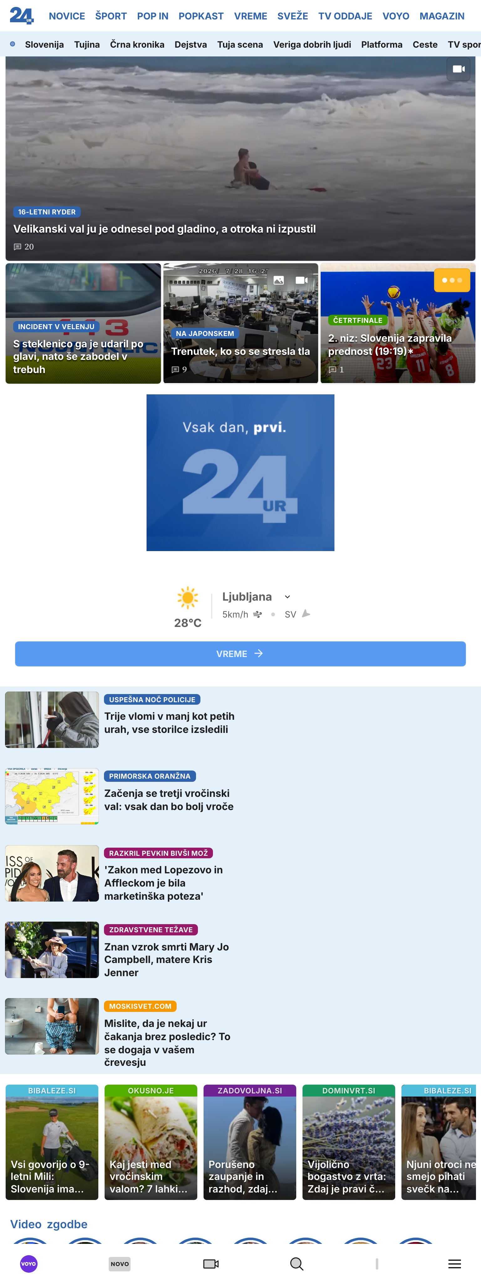 Screenshot of the 24ur front page