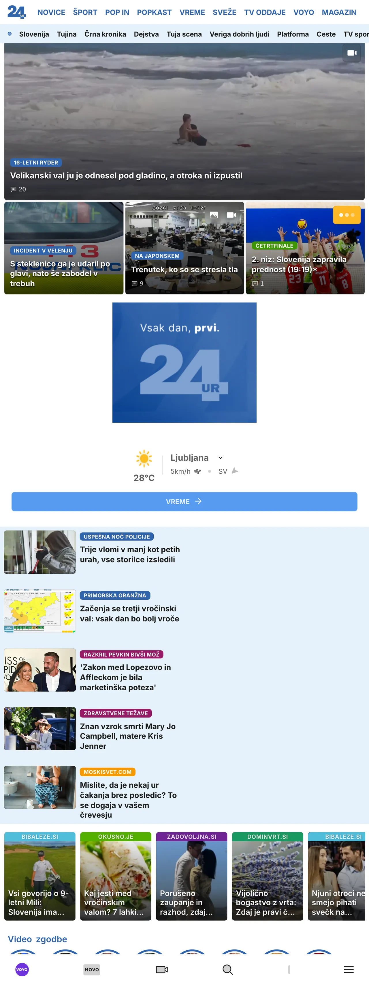 Screenshot of the 24ur front page