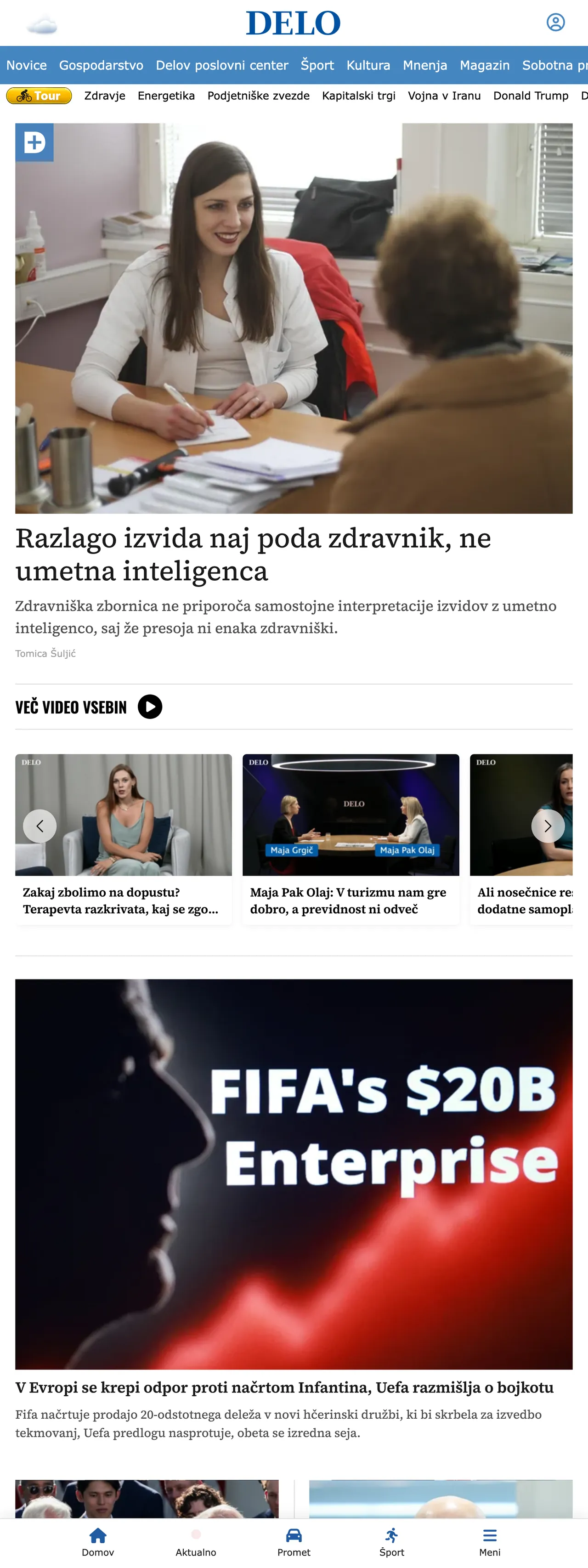 Screenshot of the Delo front page