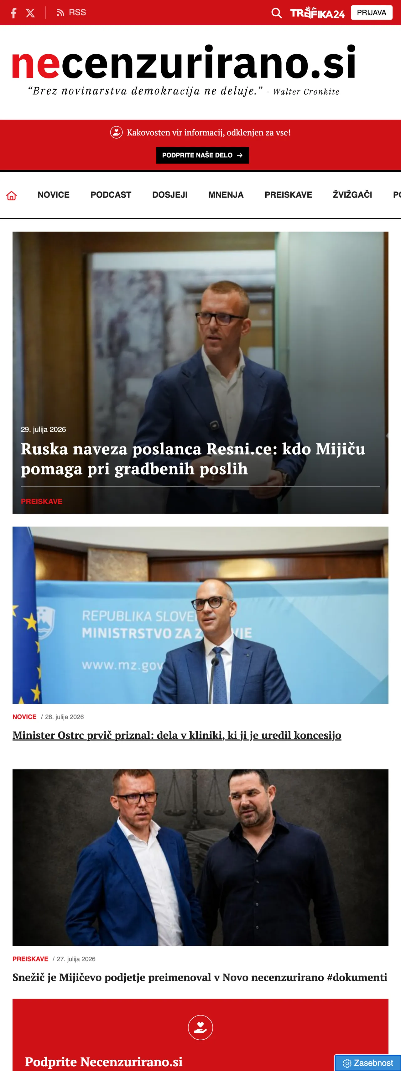 Screenshot of the Necenzurirano front page