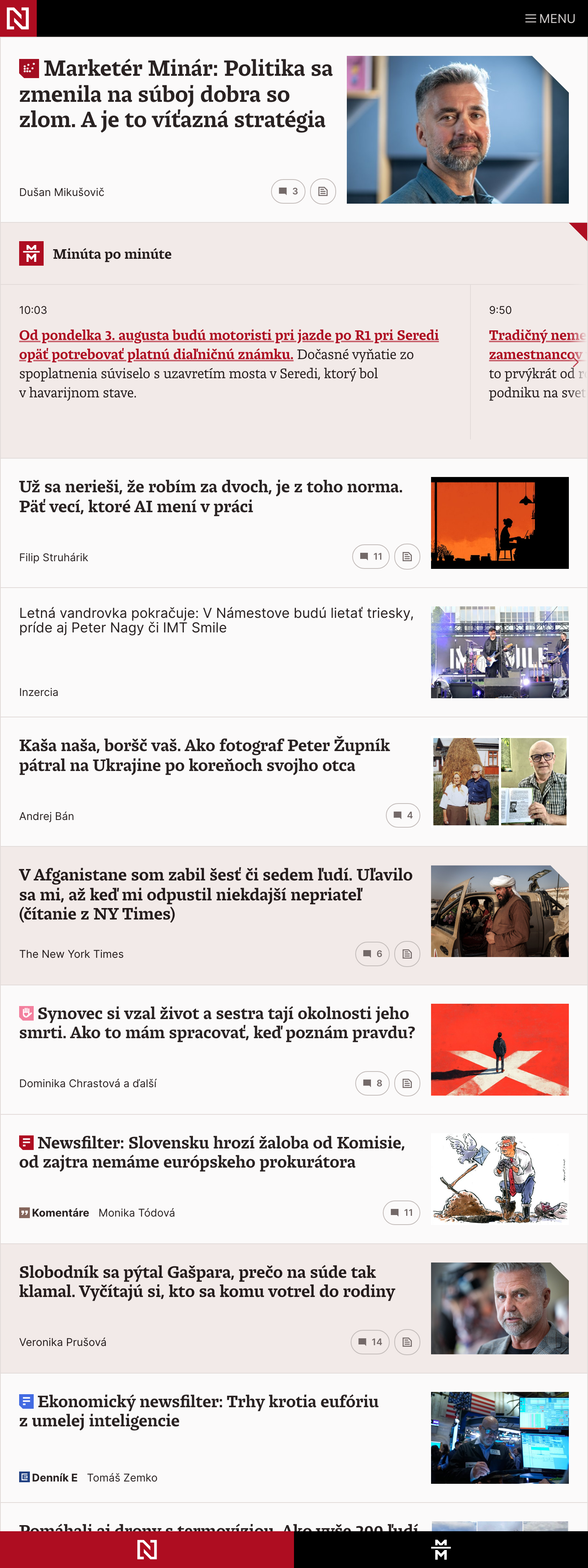 Screenshot of the Denník N front page
