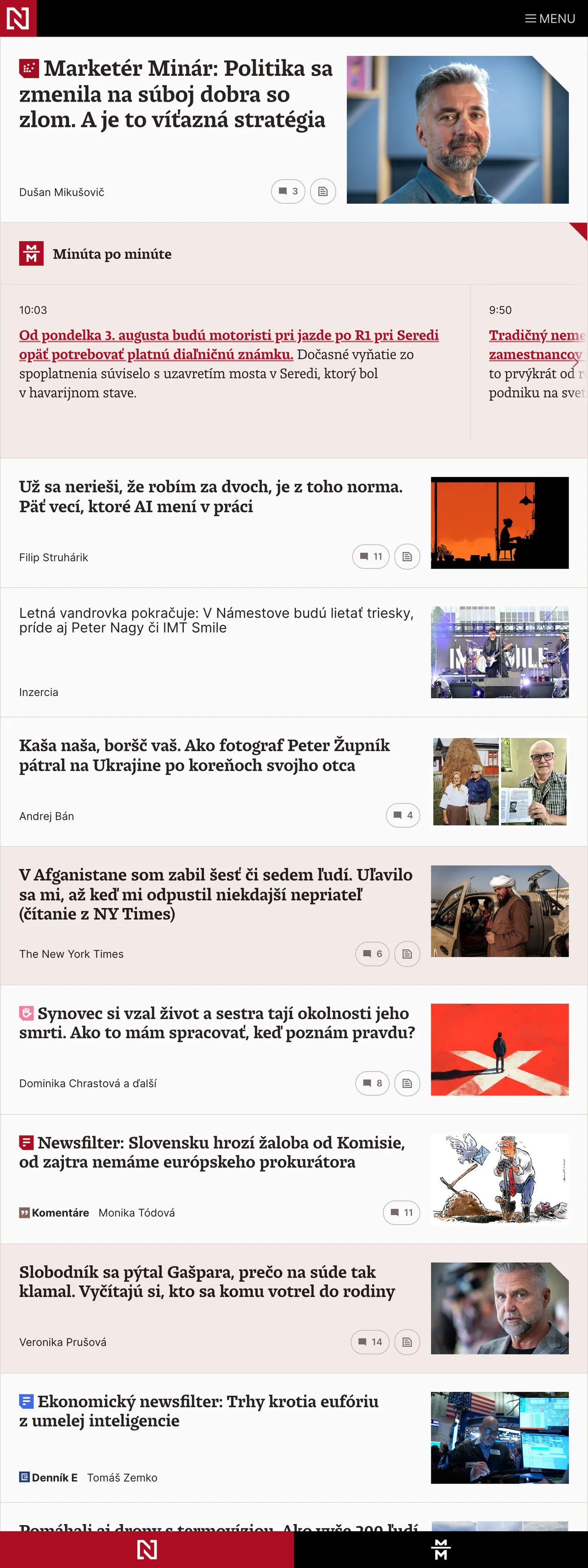 Screenshot of the Denník N front page