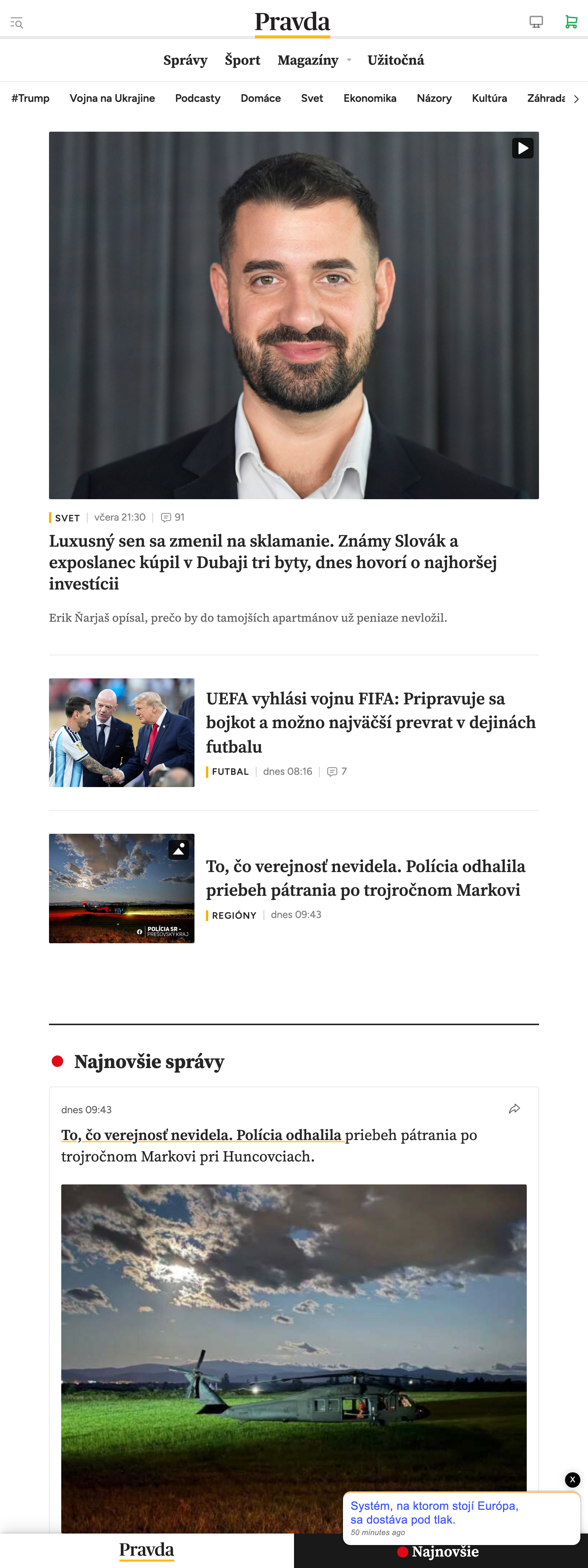 Screenshot of the Pravda front page