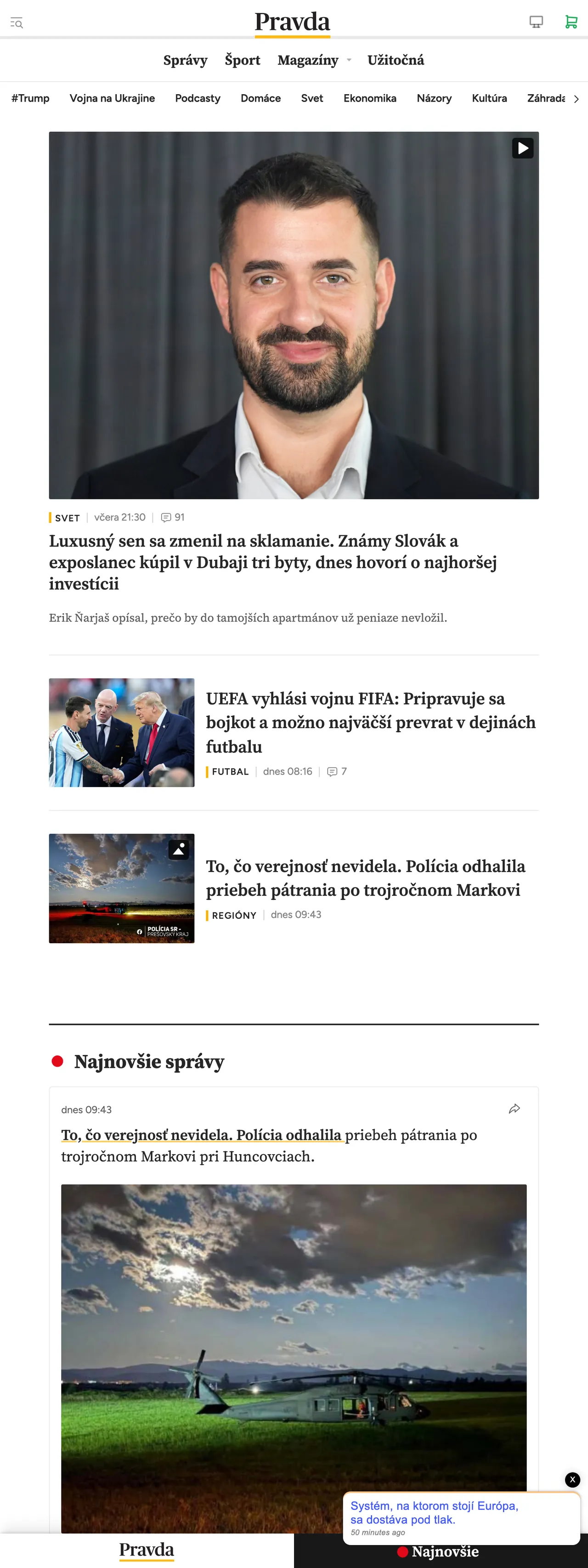Screenshot of the Pravda front page
