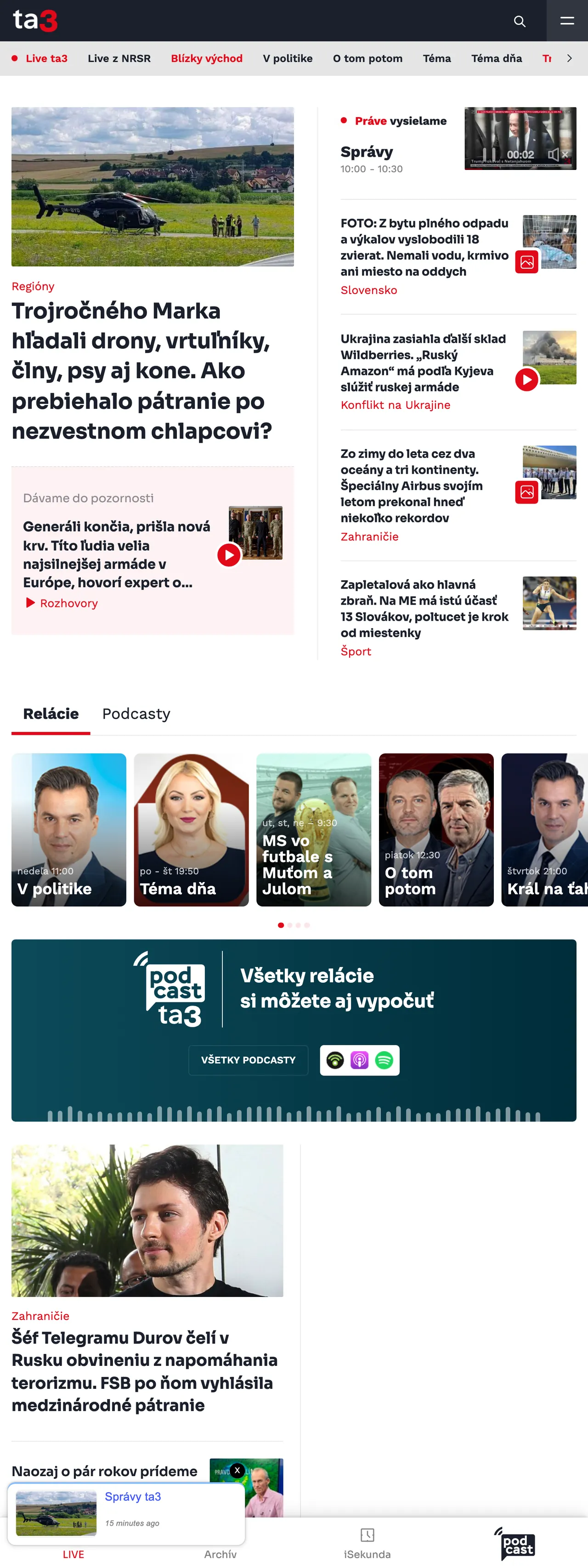 Screenshot of the TA3 front page