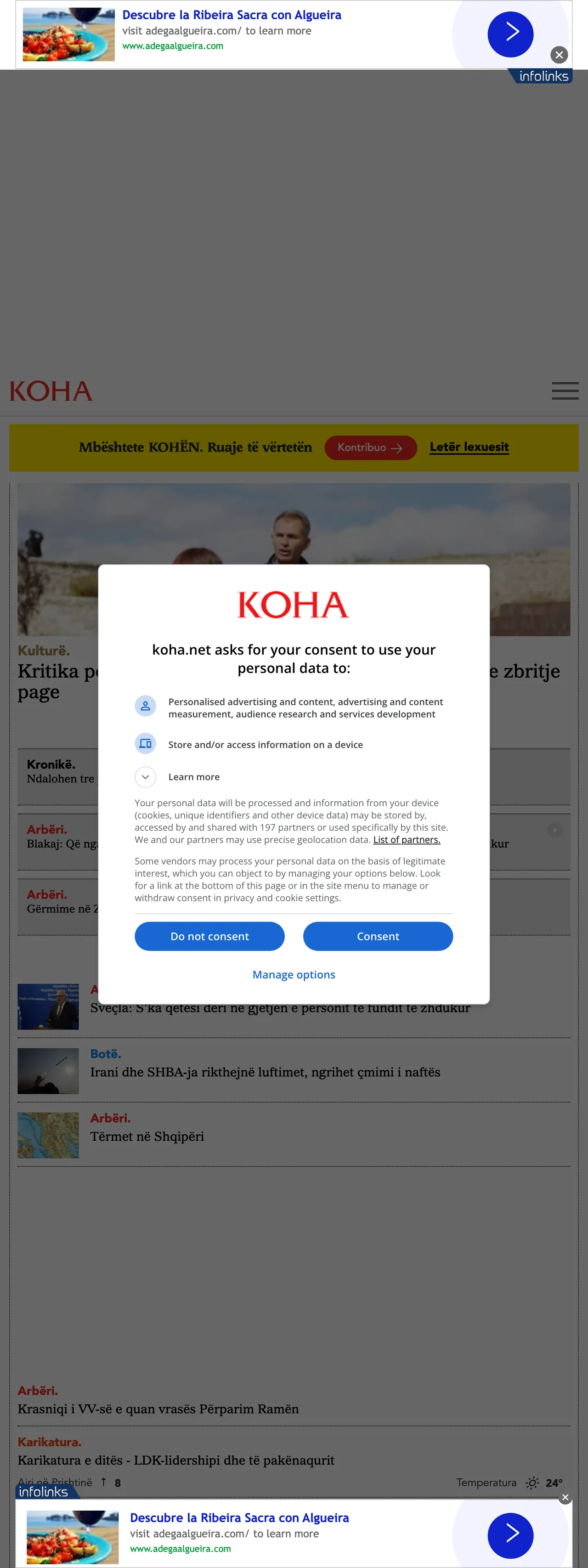 Screenshot of the Koha Ditore front page
