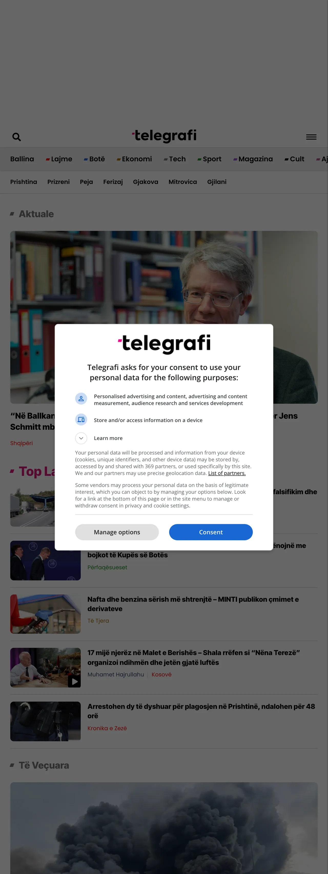 Screenshot of the Telegrafi front page