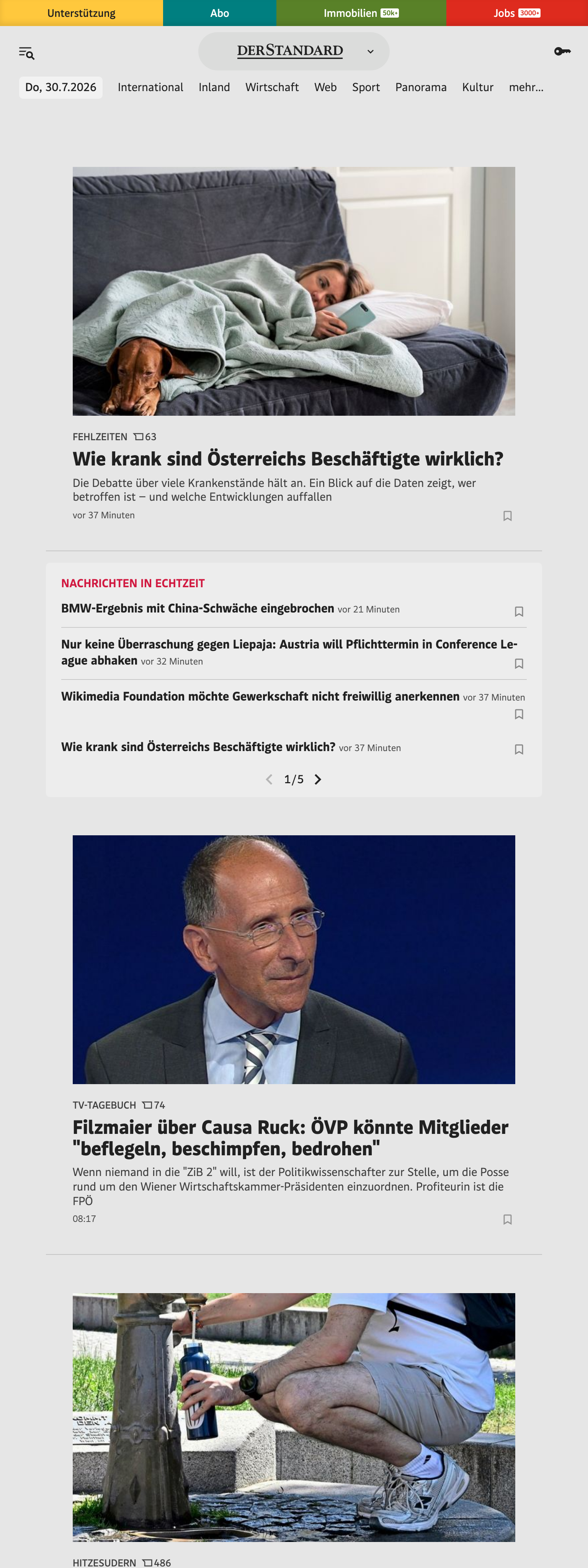 Screenshot of the DER STANDARD front page