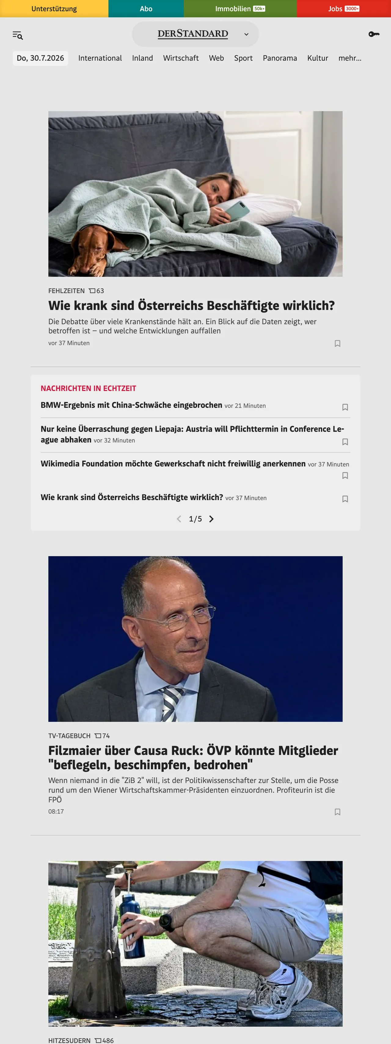 Screenshot of the DER STANDARD front page