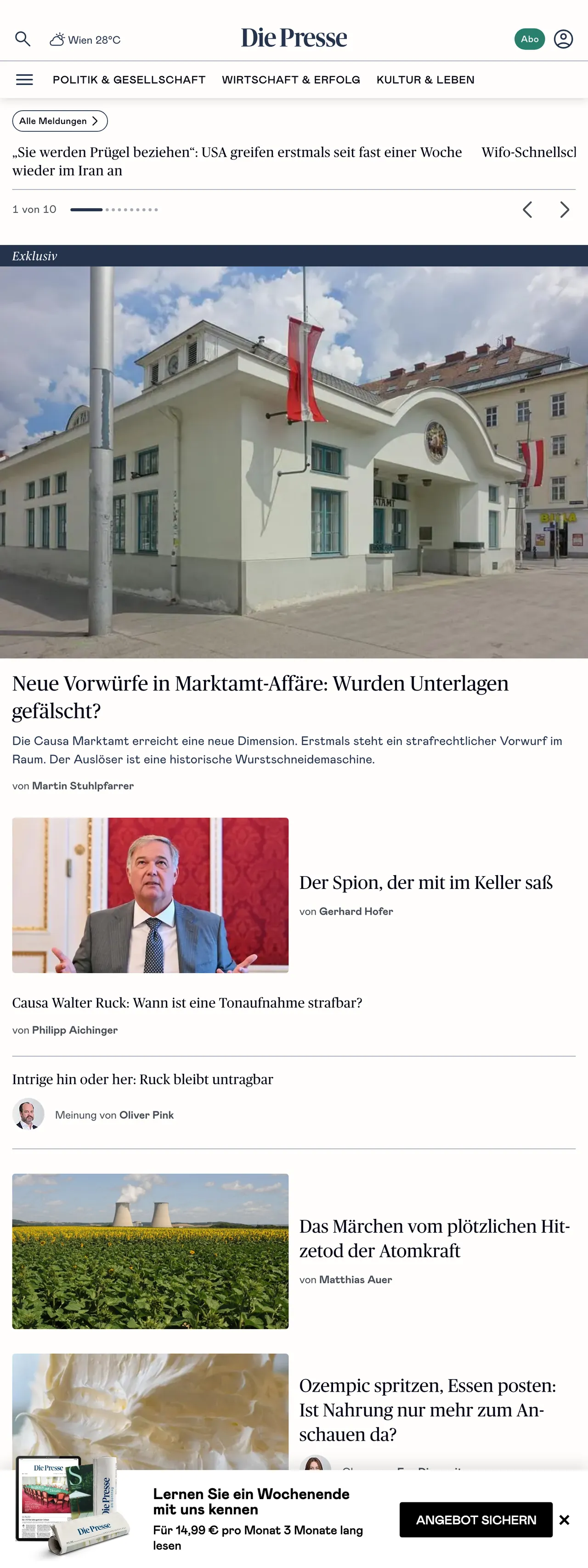 Screenshot of the Die Presse front page