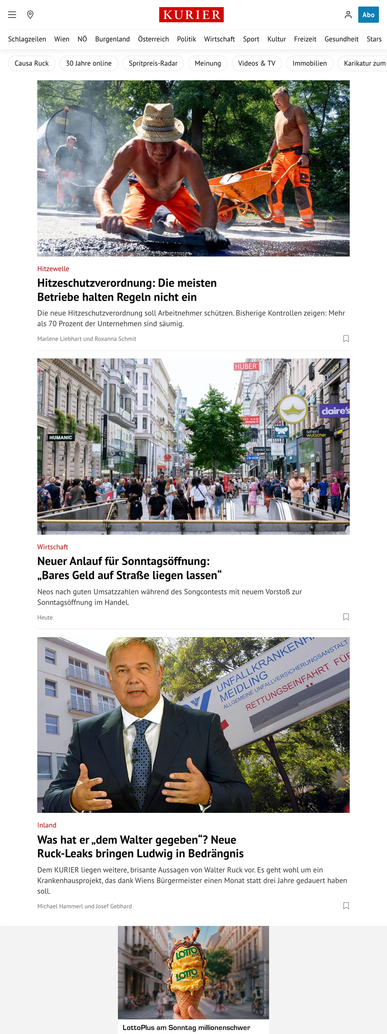 Screenshot of the Kurier front page