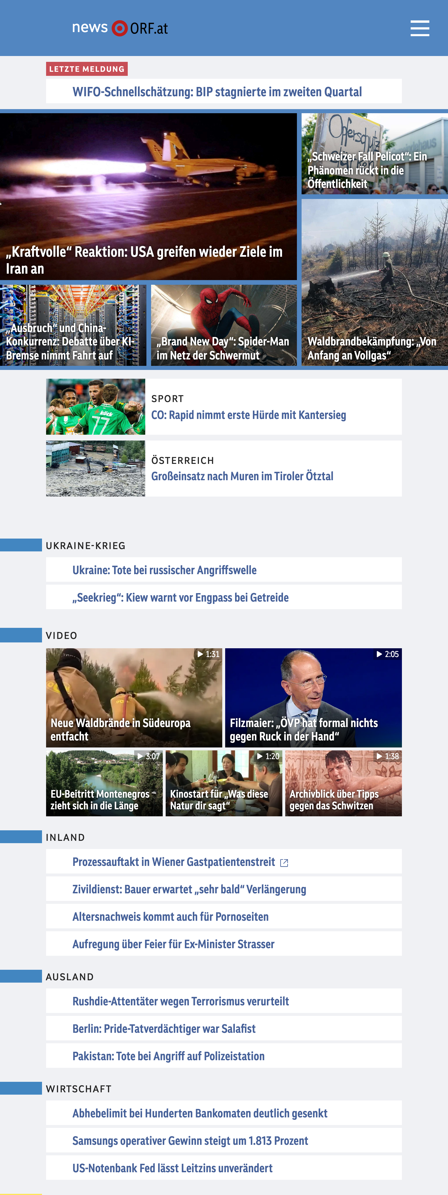 Screenshot of the ORF front page