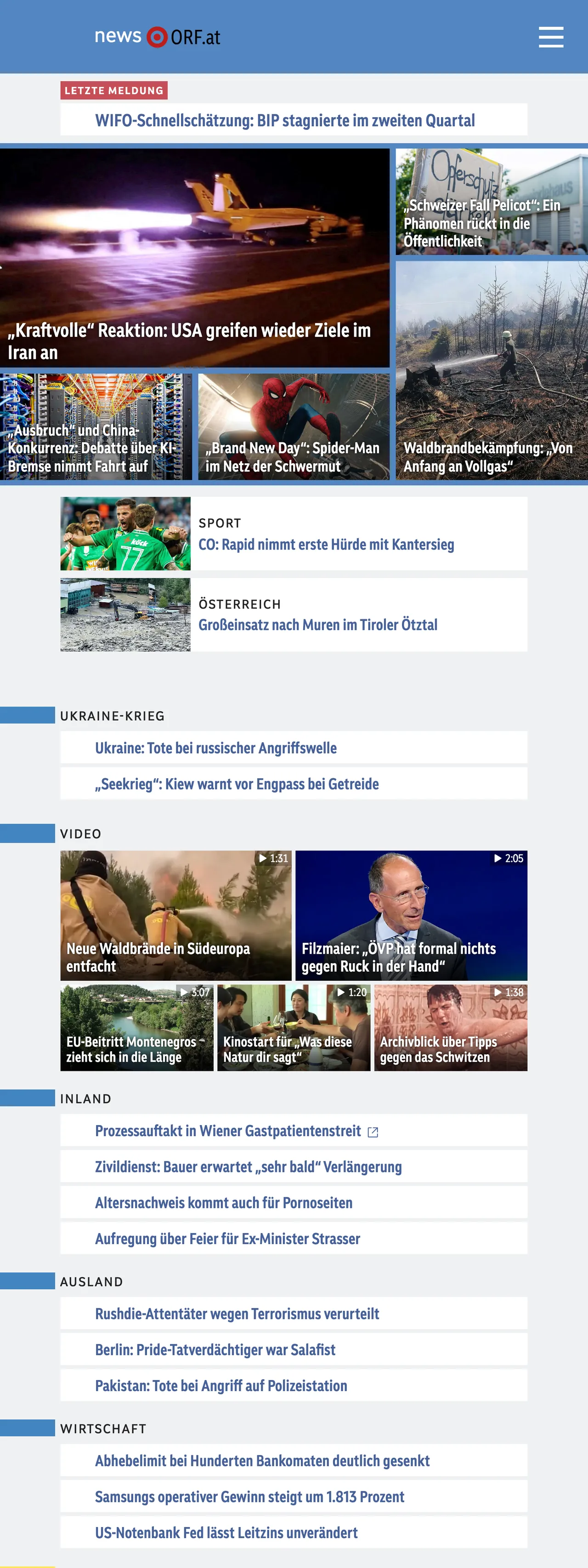 Screenshot of the ORF front page