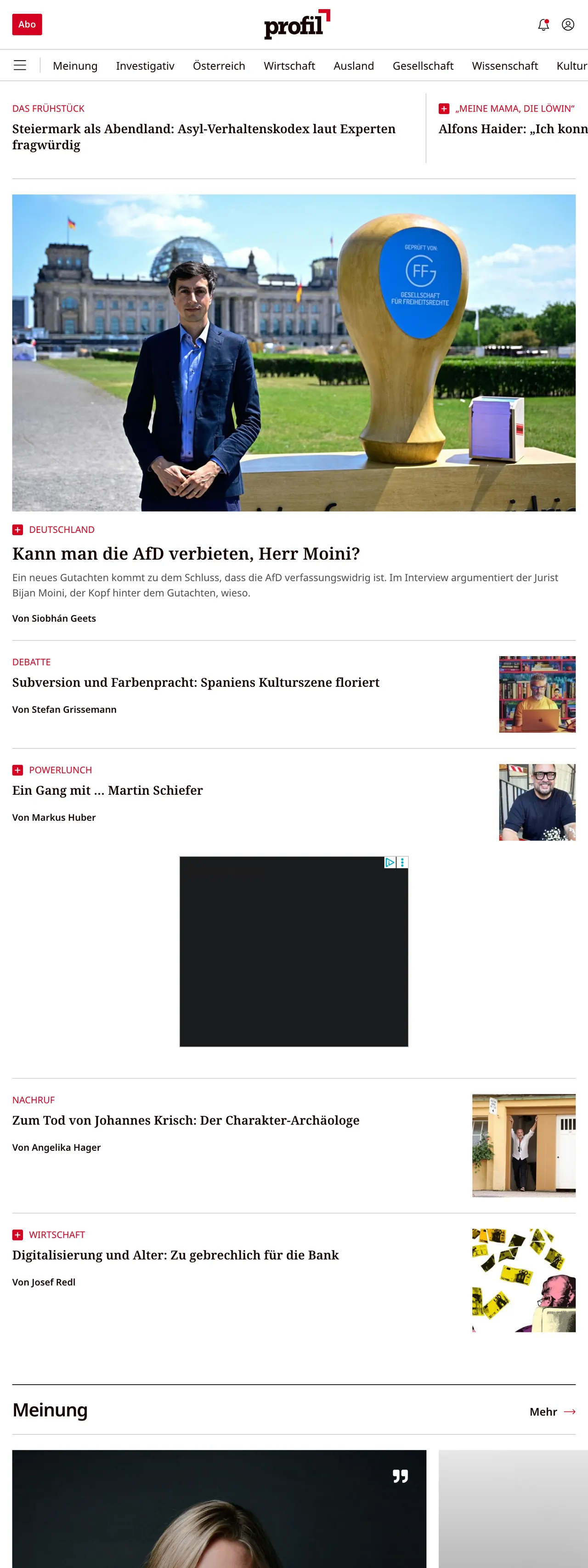 Screenshot of the profil front page