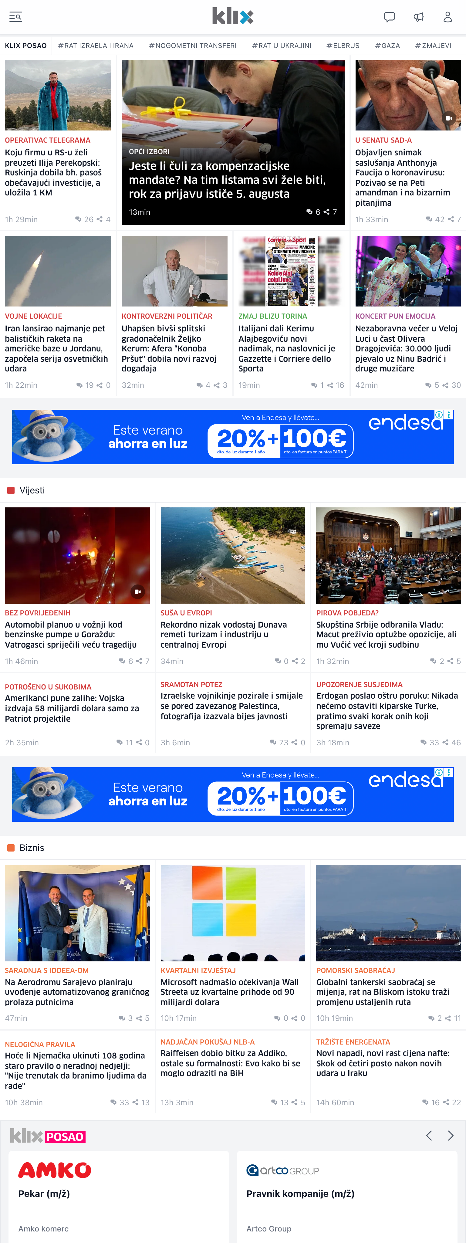 Screenshot of the Klix.ba front page