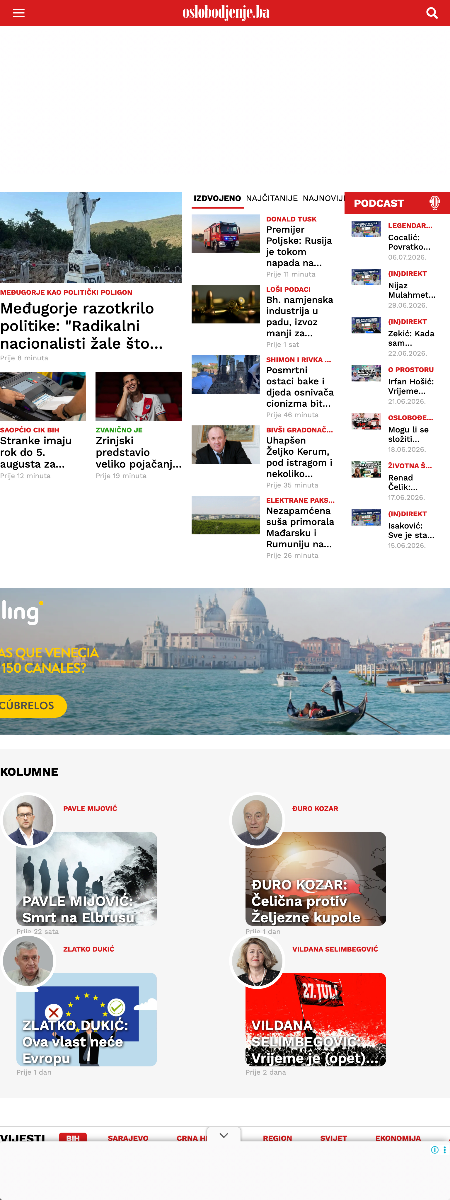 Screenshot of the Oslobođenje front page