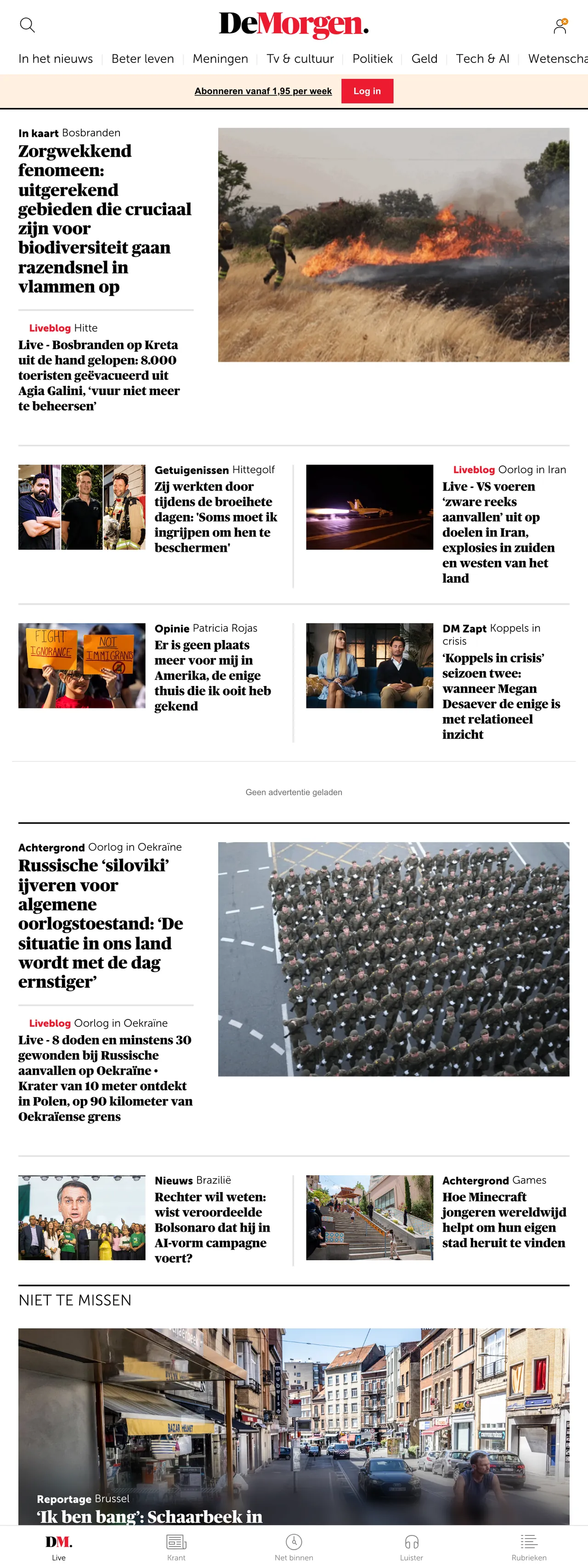Screenshot of the De Morgen front page
