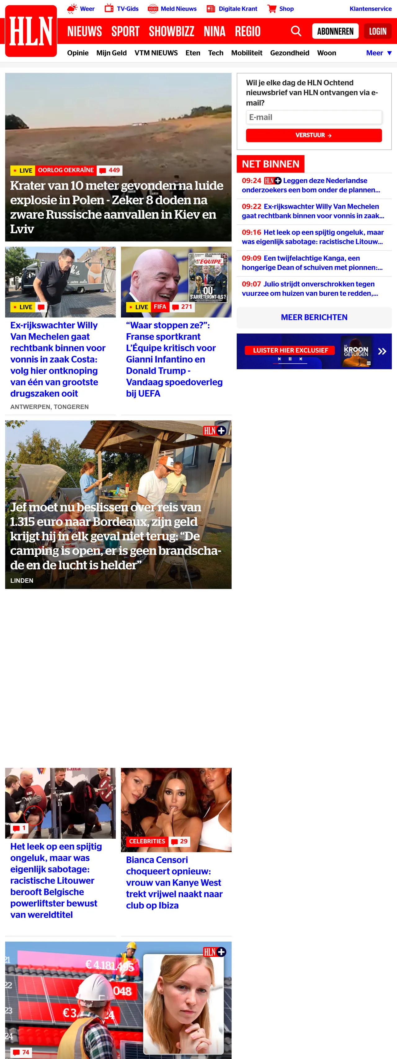 Screenshot of the HLN front page