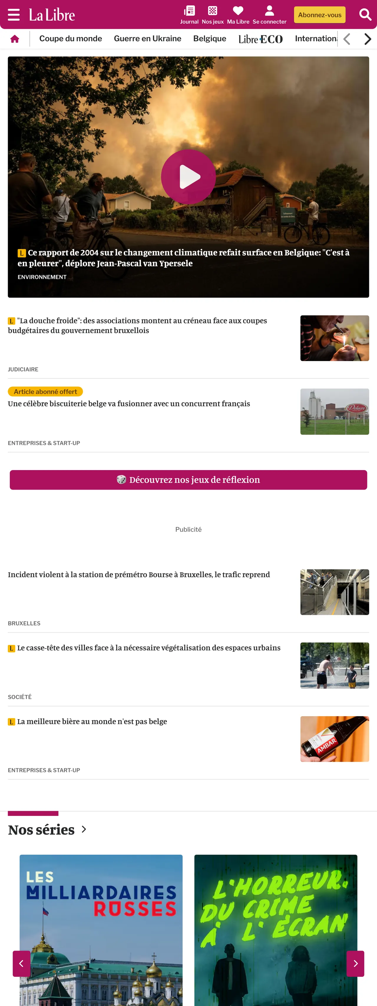 Screenshot of the La Libre front page