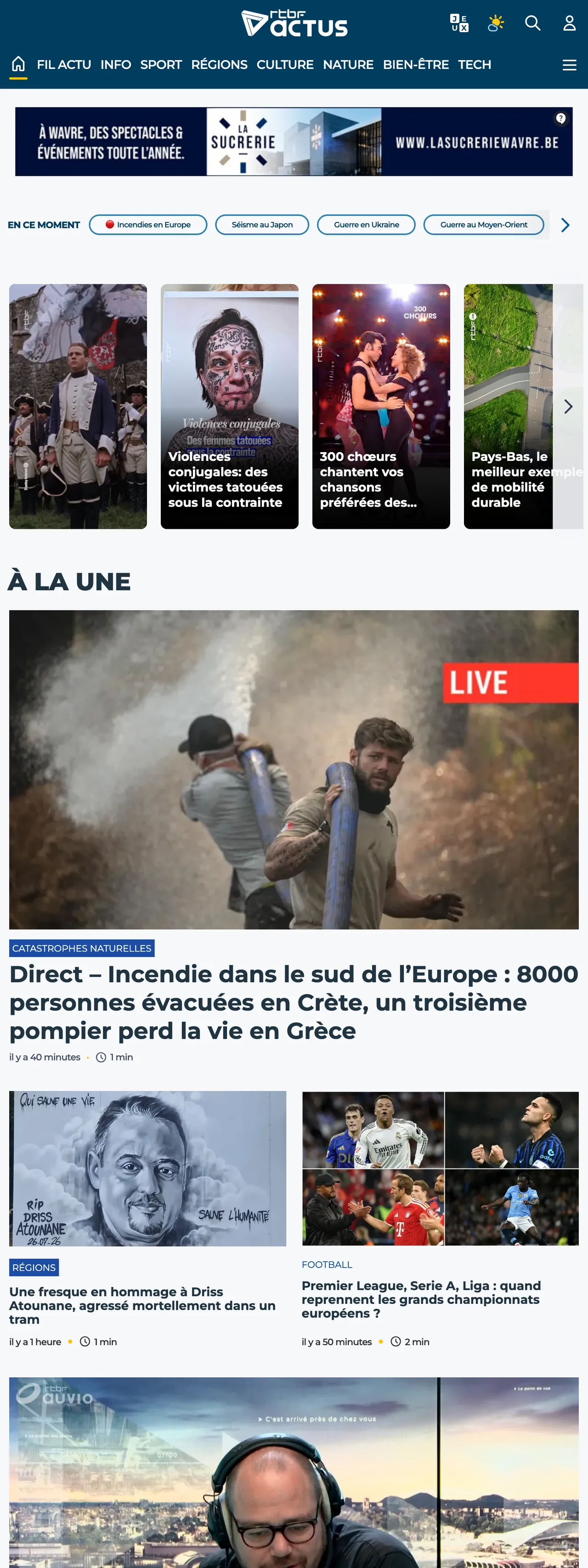 Screenshot of the RTBF front page