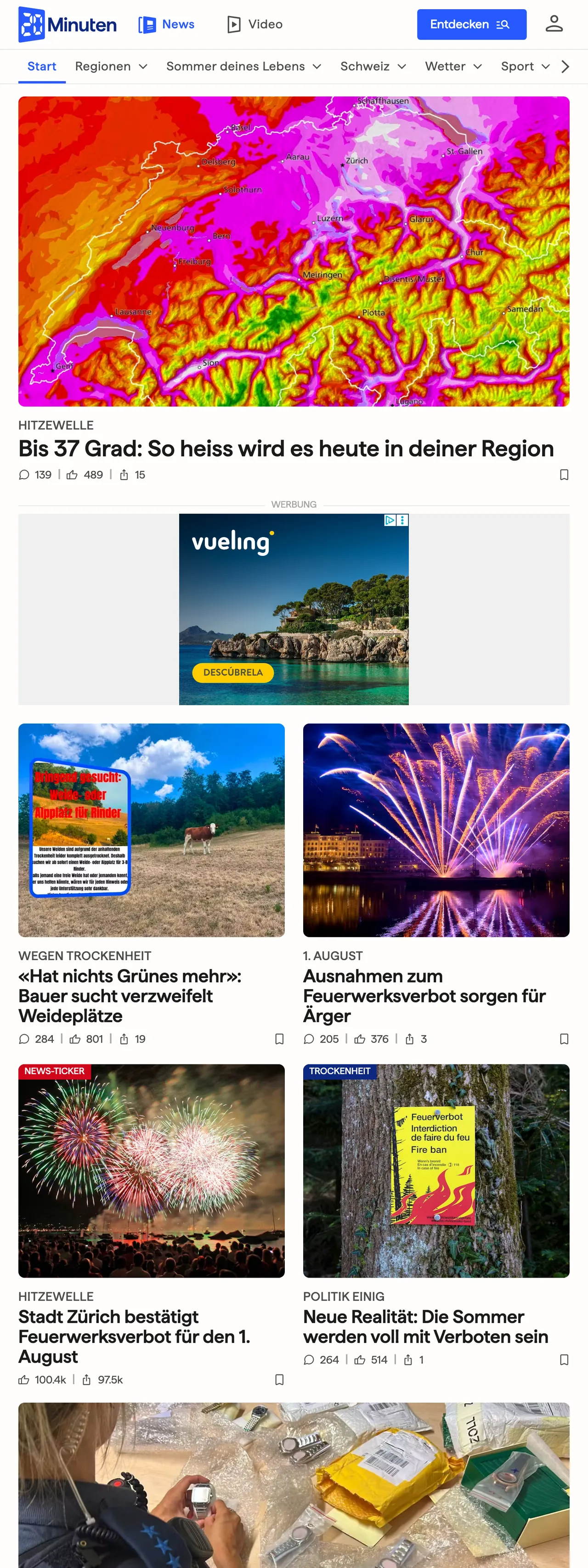 Screenshot of the 20 Minuten front page