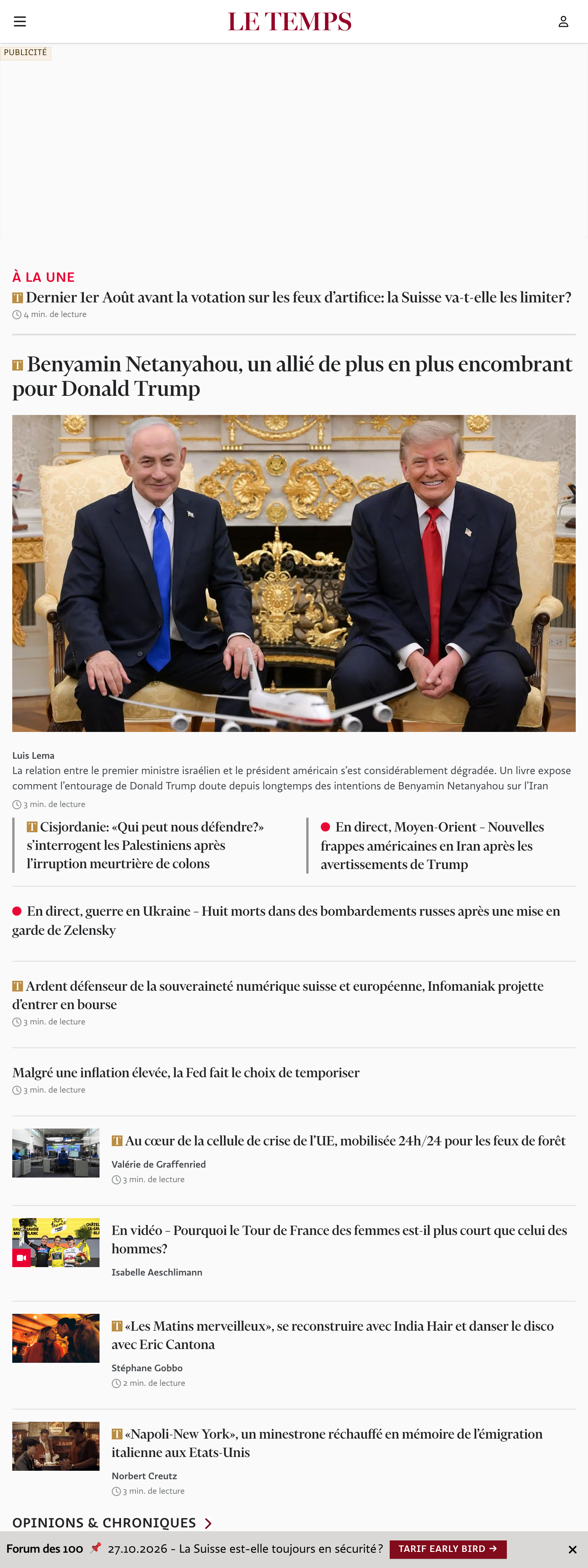 Screenshot of the Le Temps front page