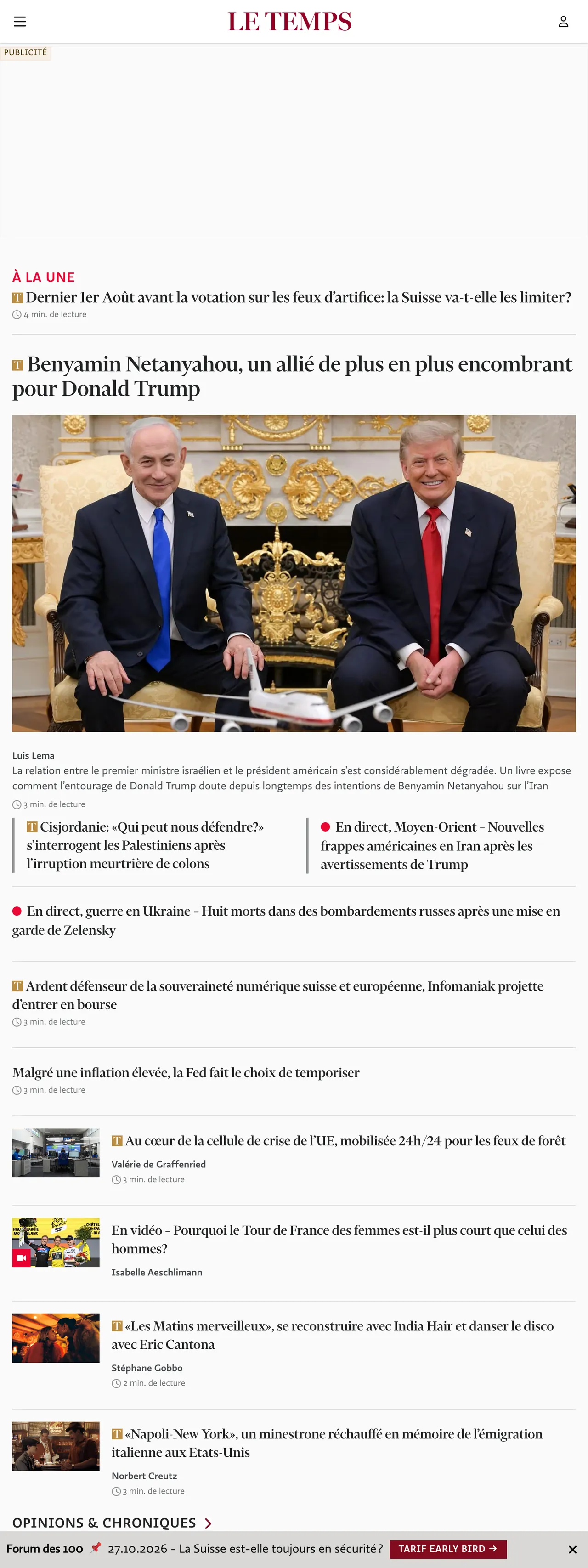 Screenshot of the Le Temps front page