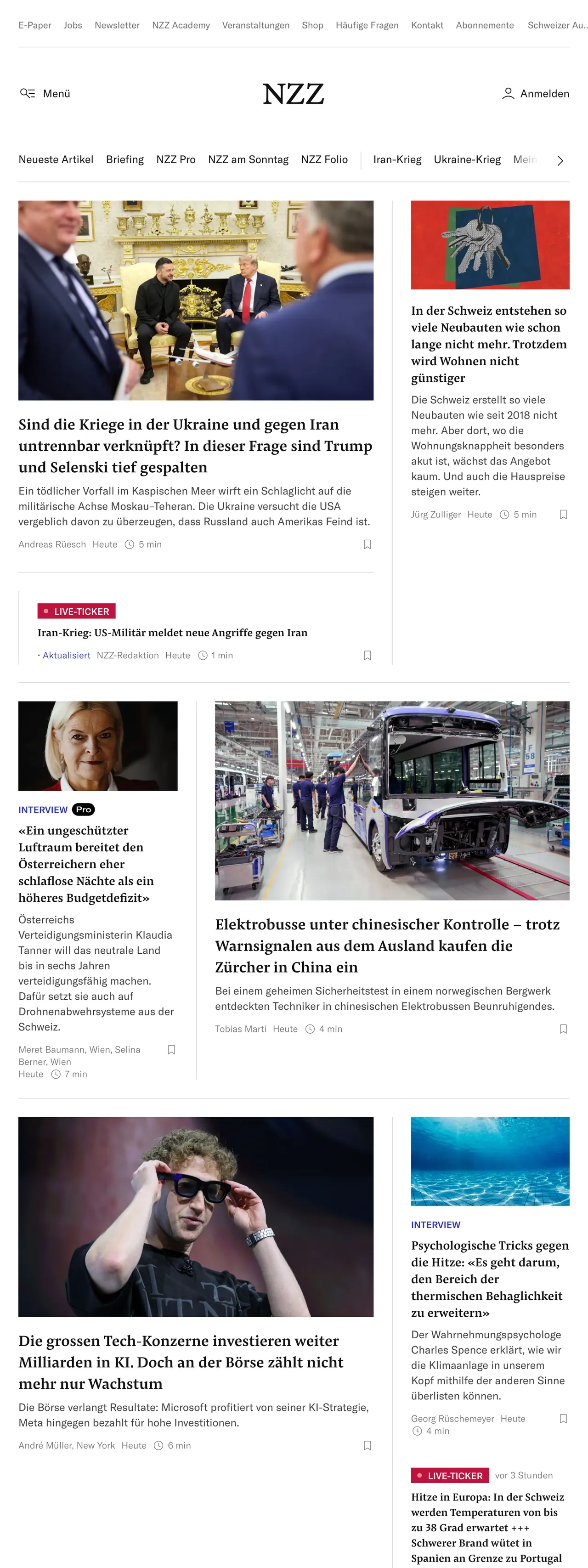 Screenshot of the Neue Zürcher Zeitung front page