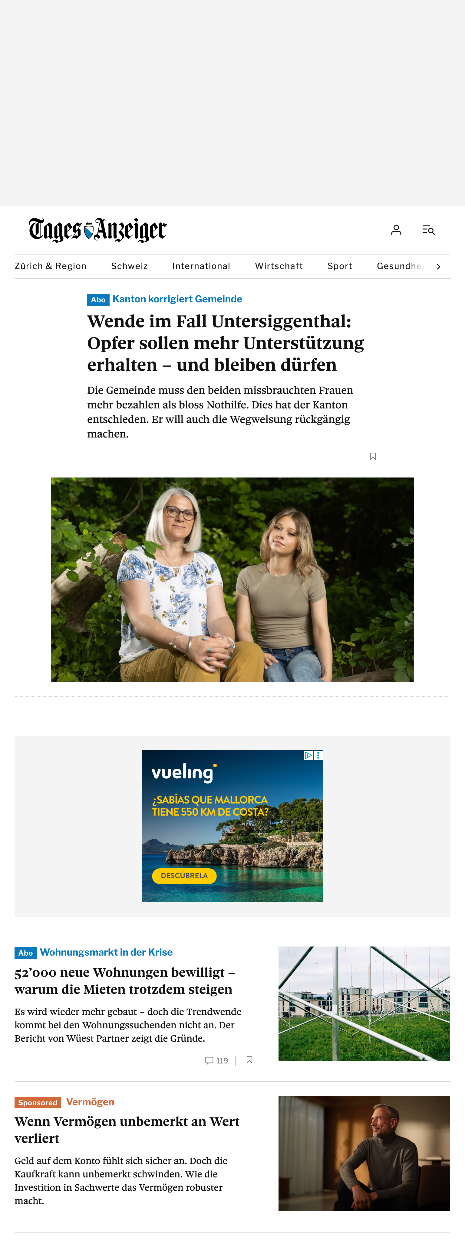 Screenshot of the Tages-Anzeiger front page