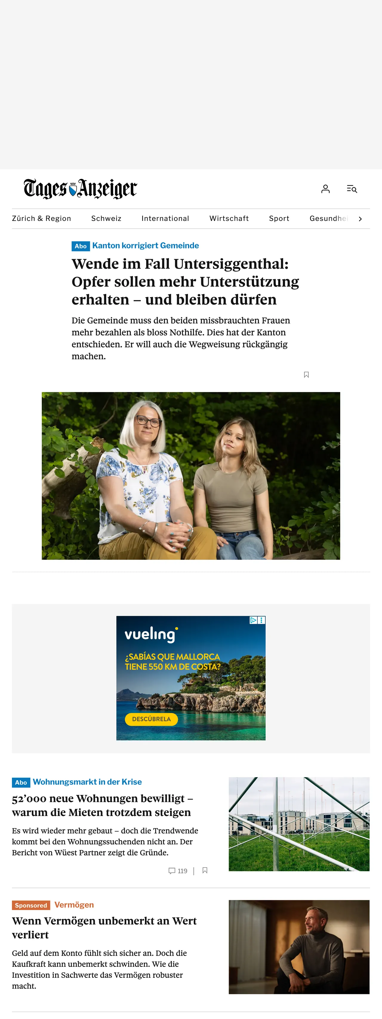 Screenshot of the Tages-Anzeiger front page