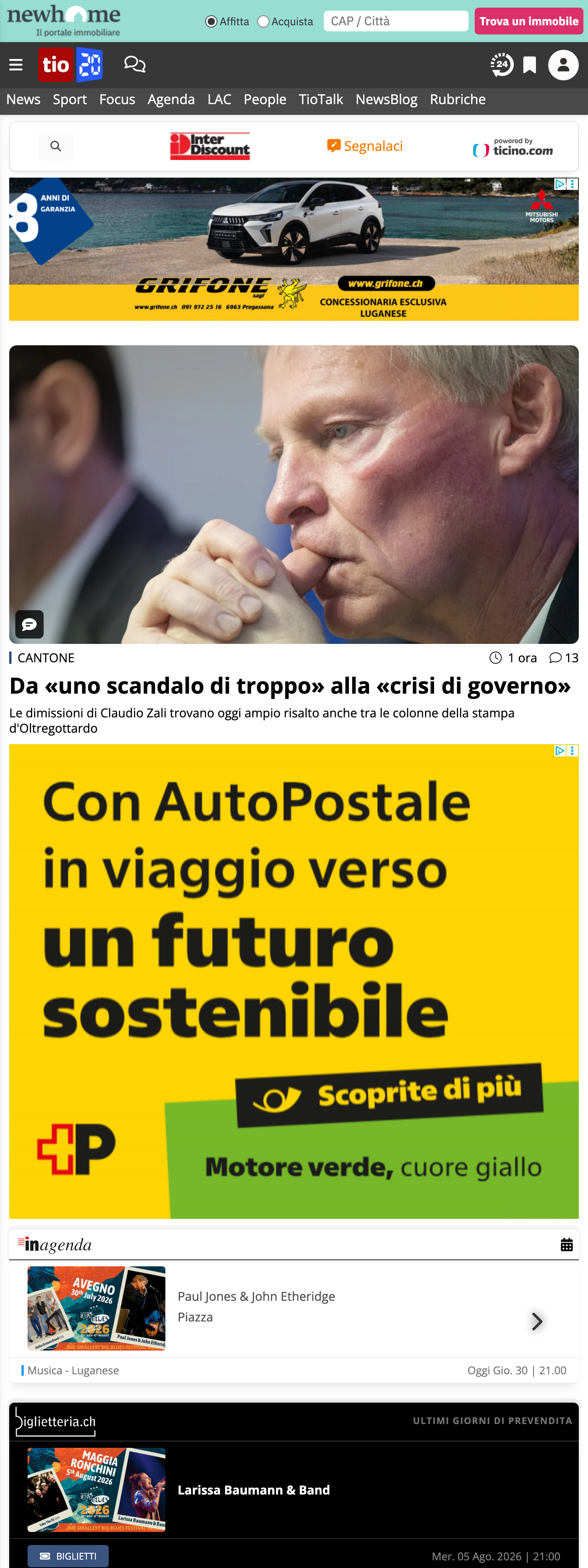 Screenshot of the Ticinonline front page