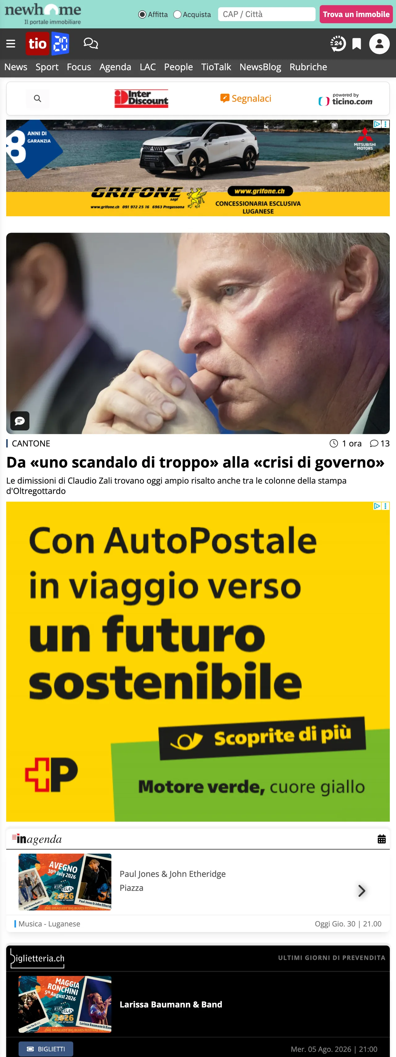 Screenshot of the Ticinonline front page