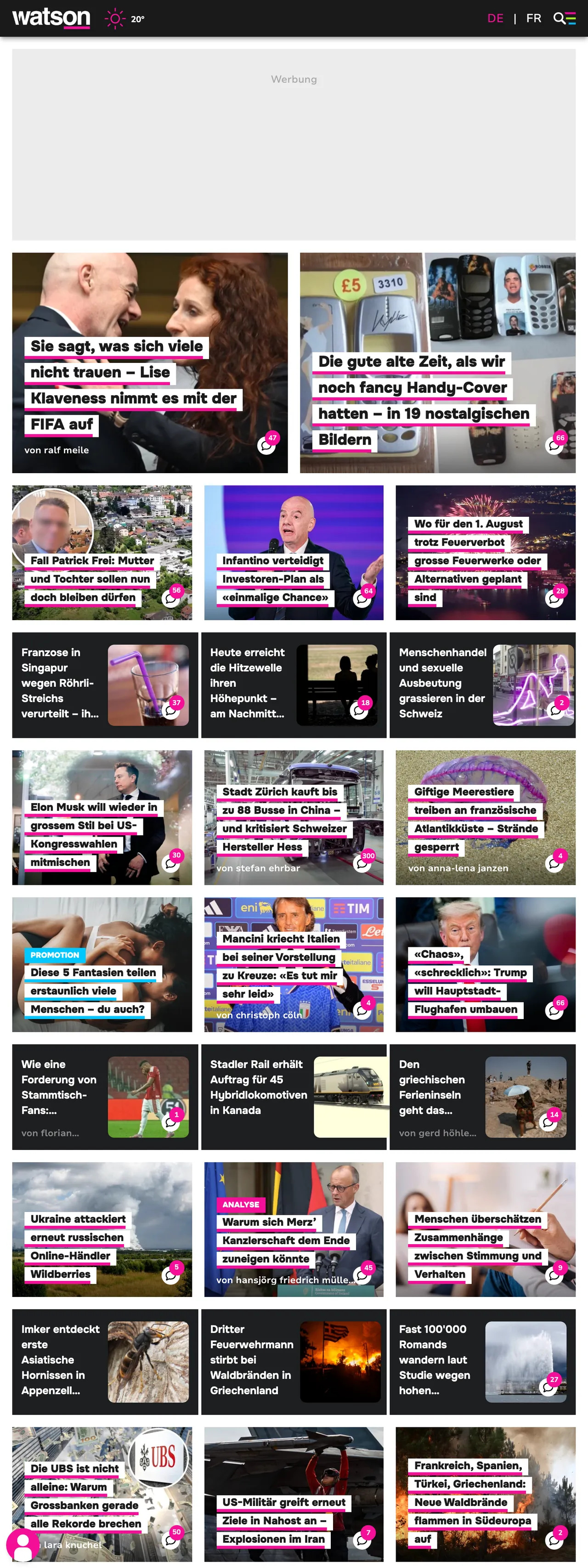 Screenshot of the watson front page