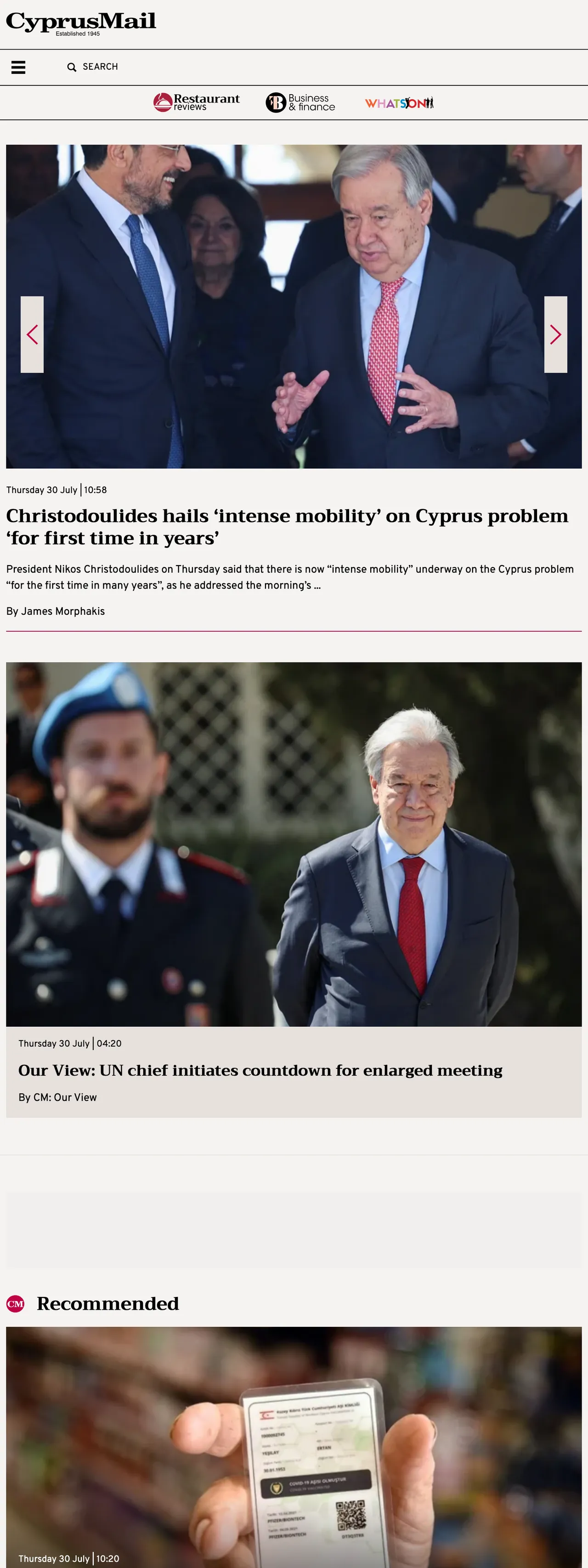 Screenshot of the Cyprus Mail front page