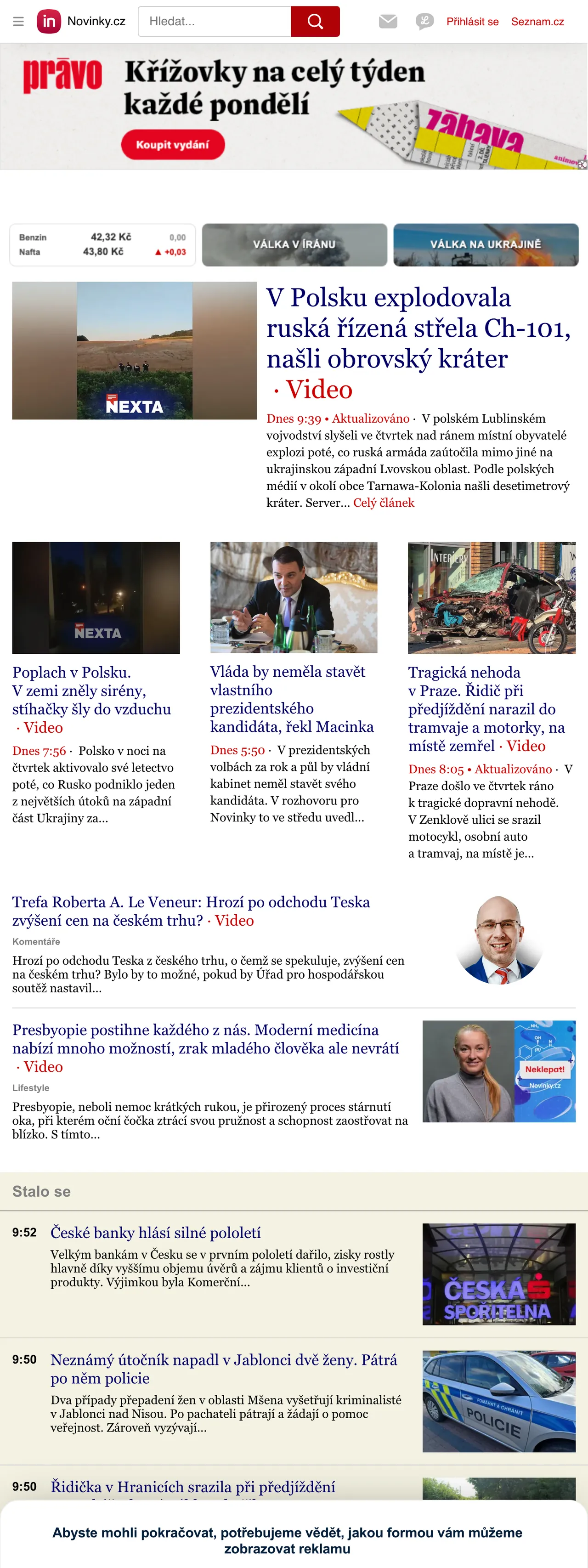 Screenshot of the Novinky.cz front page