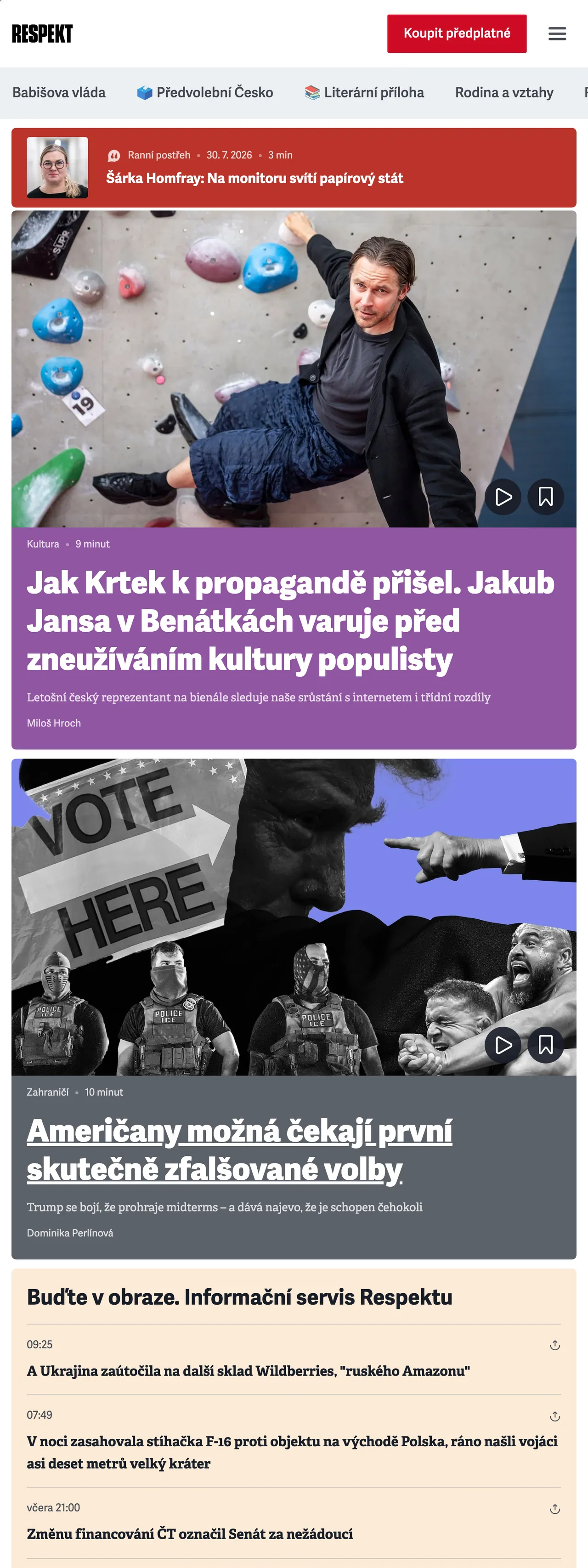 Screenshot of the Respekt front page